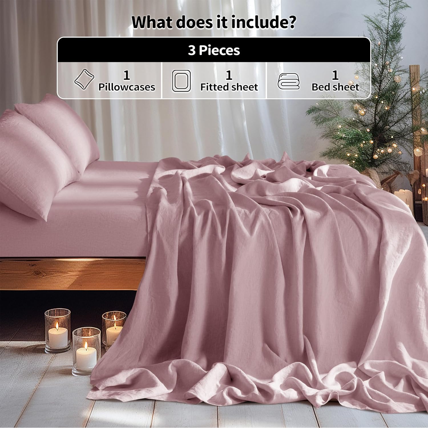 LBRO2M 100% Pure Linen Sheet Set Deep Pocket Up to 16" Bed Sheets Sets, Natural Flax Beddings Soft, Breathable, Comfortable for All Seasons Twin Size, Embroidery Purple