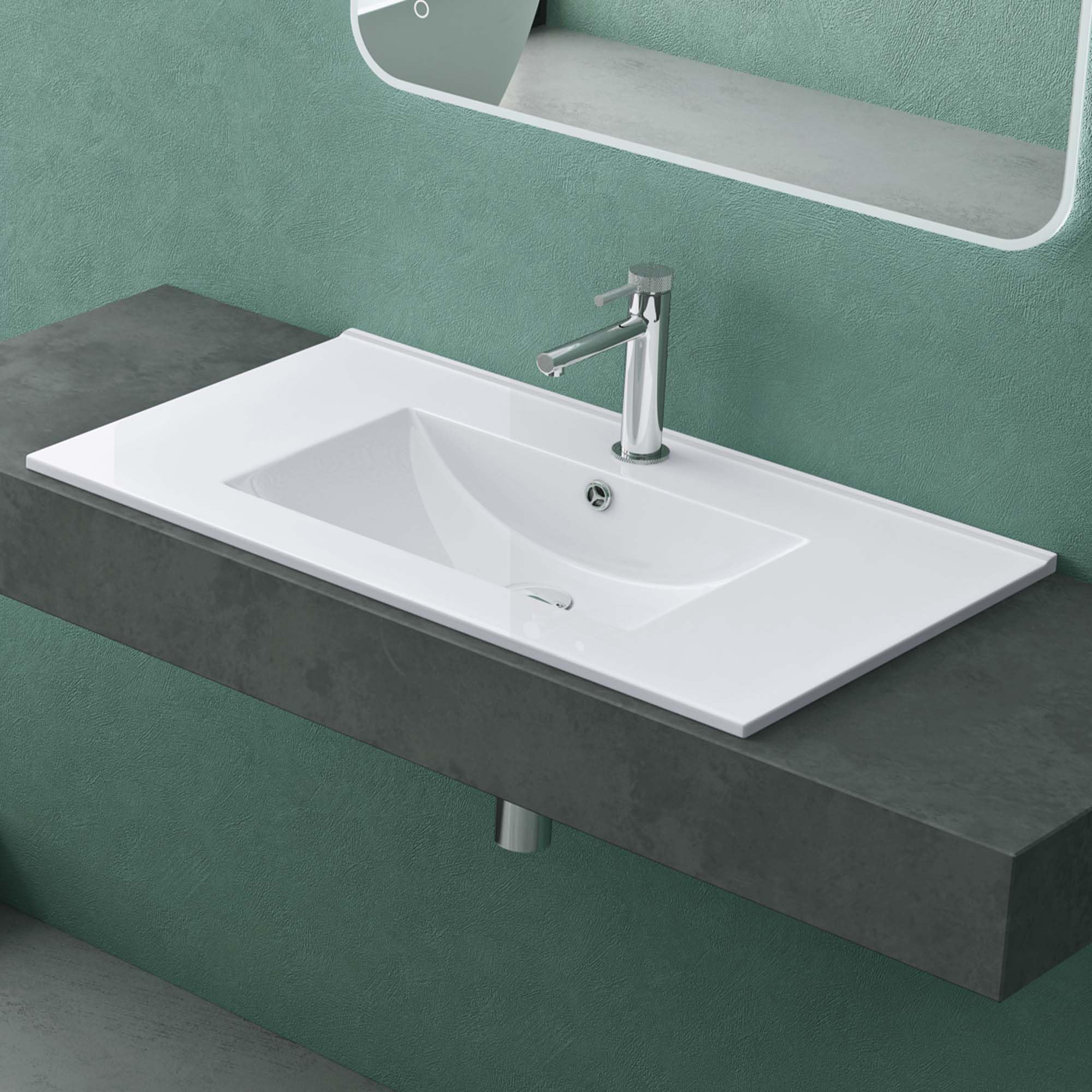 Mai & Mai Lavabo Encastré en Céramique 80cm Blanc Lave Mains Rectangulaire avec Perçage de Robinet et Trop-Plein 81x47x18cm BR912