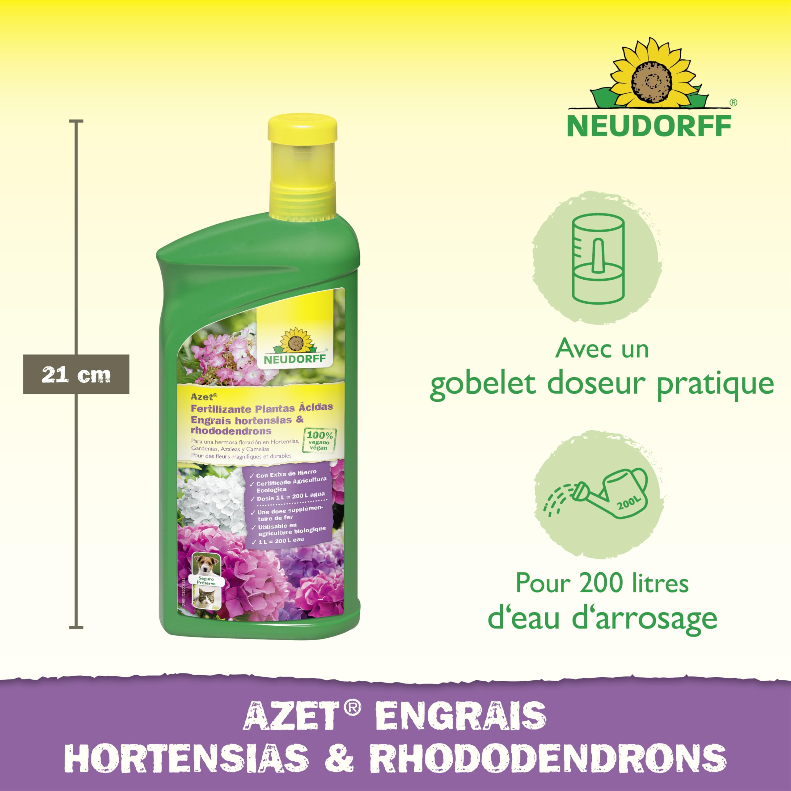 Neudorff Azet Engrais hortensias & rhododendrons – Engrais liquide naturel avec fer pour une floraison luxuriante et des hortensias, rhododendrons, azalées et camélias résistants, 1 L