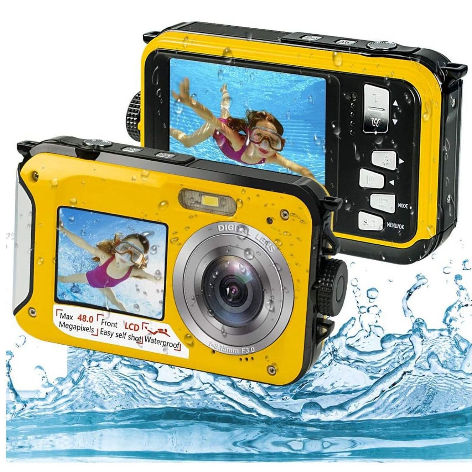 Waterdichte Digitale Camera met Dubbele Schermen, Full HD 2.7K 48MP 10ft 16X Digitale Zoom Waterdichte Dubbele Digitale Camera voor en Achter voor