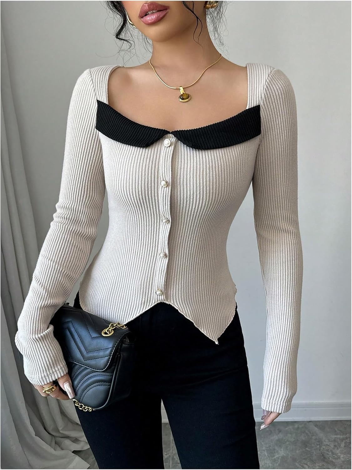 MakeMeChic Women's Square Neck Long Sleeve T Shirt Color Block Button Rib Knitted Tee Tops - Image 2