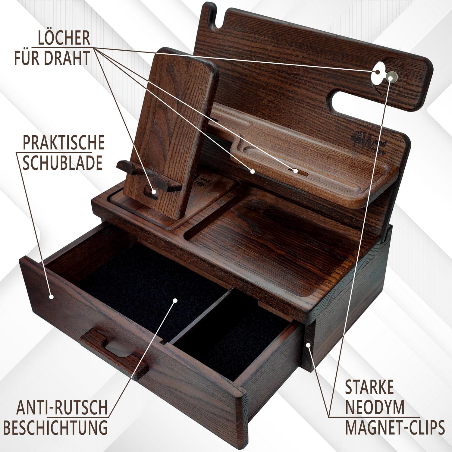 Wood Wedge Handgefertigte Holz Dockingstation – Nachttisch & Schreibtisch Organizer mit Handyhalter & Schublade – Geschenk für Männer & Frauen