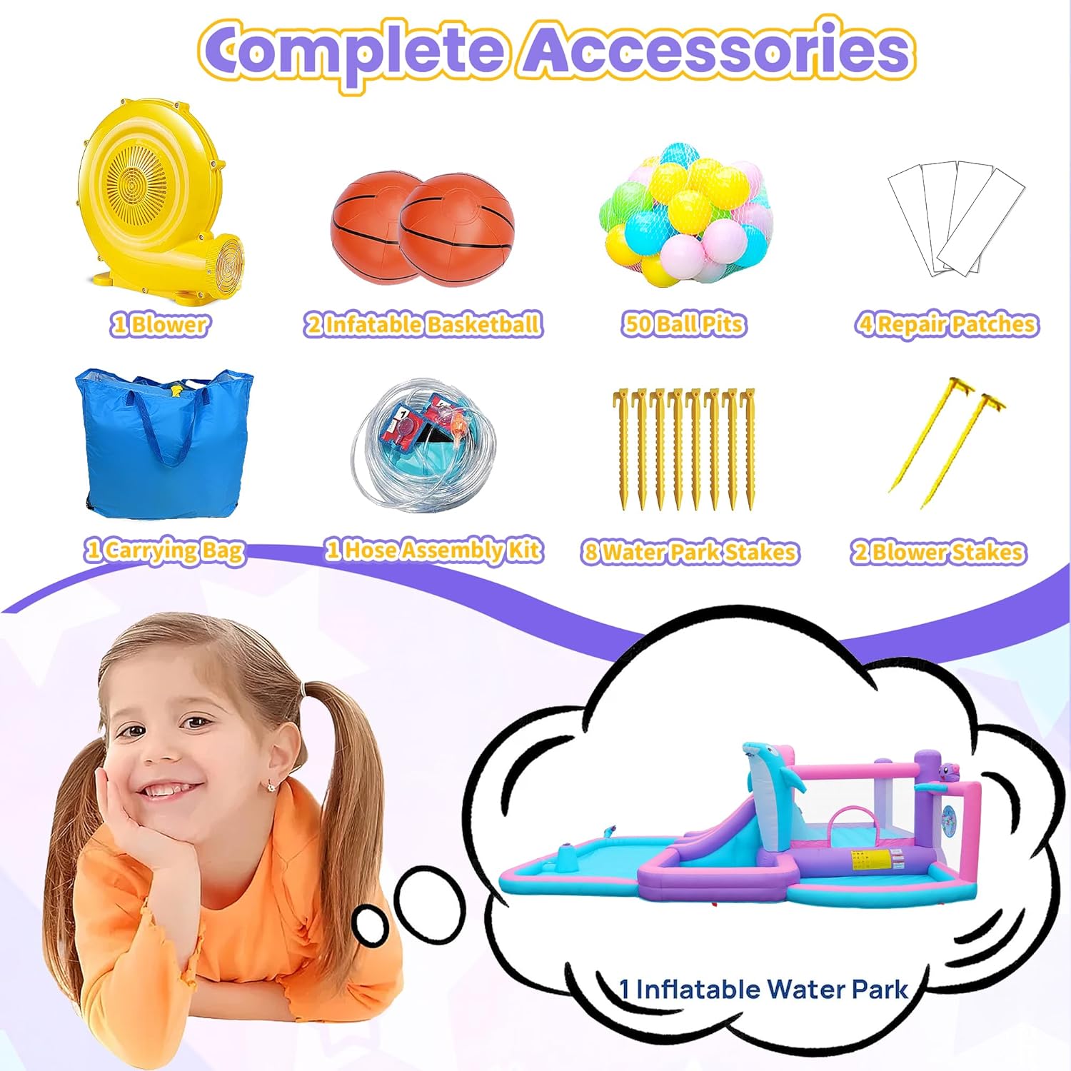 Inflatable Water Park Double Slide Bouncy House with Splash Pool, Water Gun, Basketball, Climbing Wall, Dual Pools for Outdoor Party, Ages 3-12