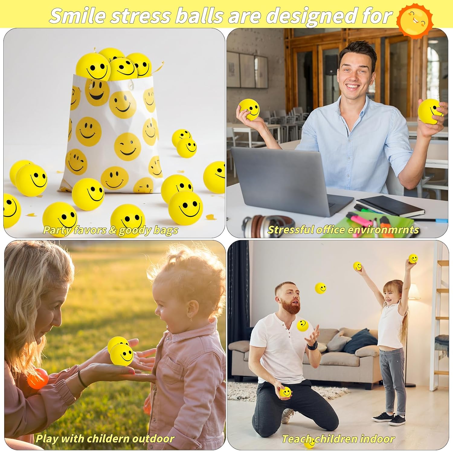 96 Pack Smile Face Stress Balls Bulk 2 Inch Funny Face Stress Relief Balls Yellow Mini Squeeze Balls Foam Smile Face Toys for Finger Exercise, School Prizes, Party Bag Fillers