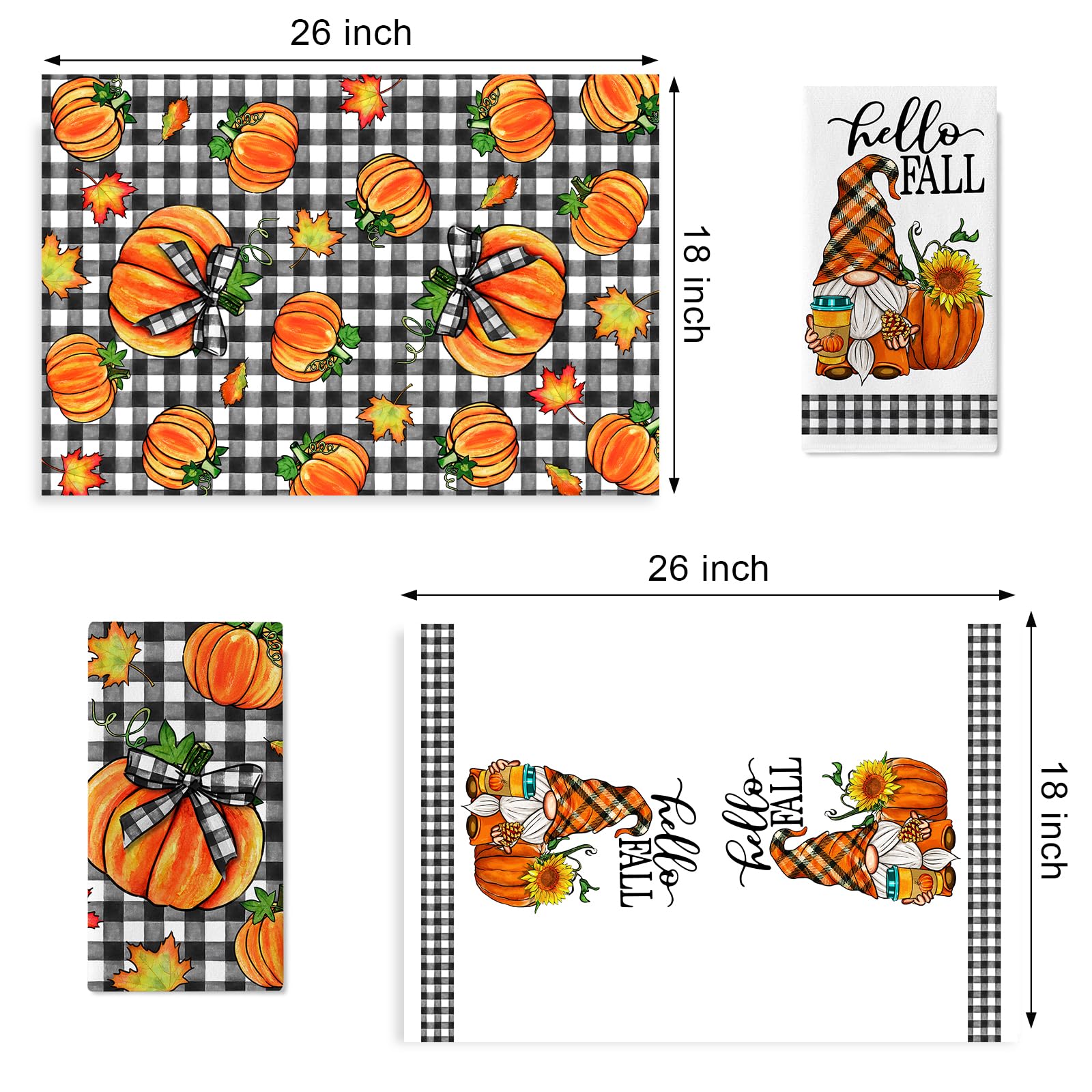 Seliem Hello Fall Gnome Pumpkin Kitchen Dish Towel 2 Set, Thanksgiving Buffalo Check Plaid Sunflower Hand Drying Baking Cooking Cloth Autumn Maple Leaves Seasonal Home Decor Farmhouse Decoration 18x26
