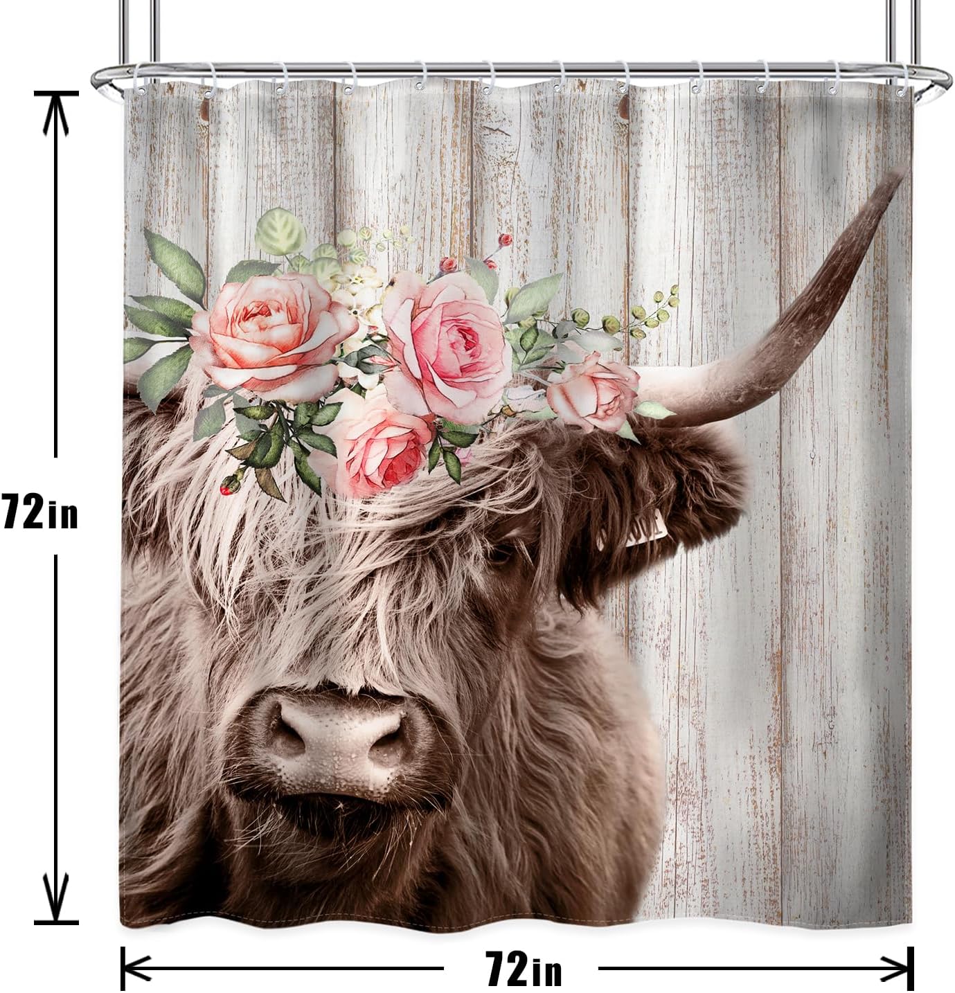 AMBZEK Highland Cow 4Pcs Shower Curtain Sets 72Wx72L Inch Spring Pink Floral Watercolor Rustic Botanical Wood Board Artwork Cloth Fabric Waterproof Polyester Bathroom Decor Set with 12 Pack Hooks