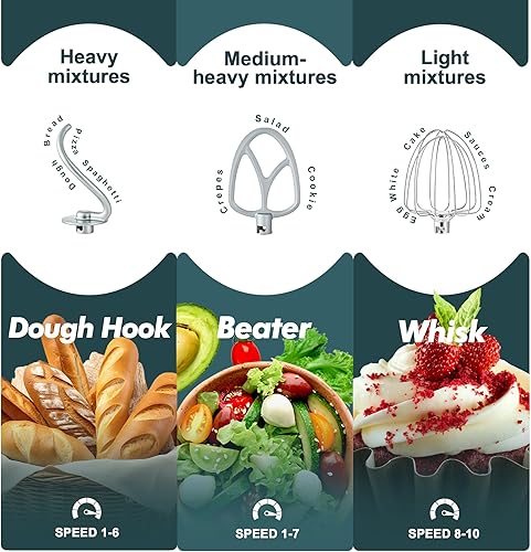 Miniatura 6 de Kitchen in the box Batidora de pie, 4.5QT+5QT, mezclador eléctrico de alimentos con dos tazones, 10 velocidades 3 en 1 para uso diario con batidor