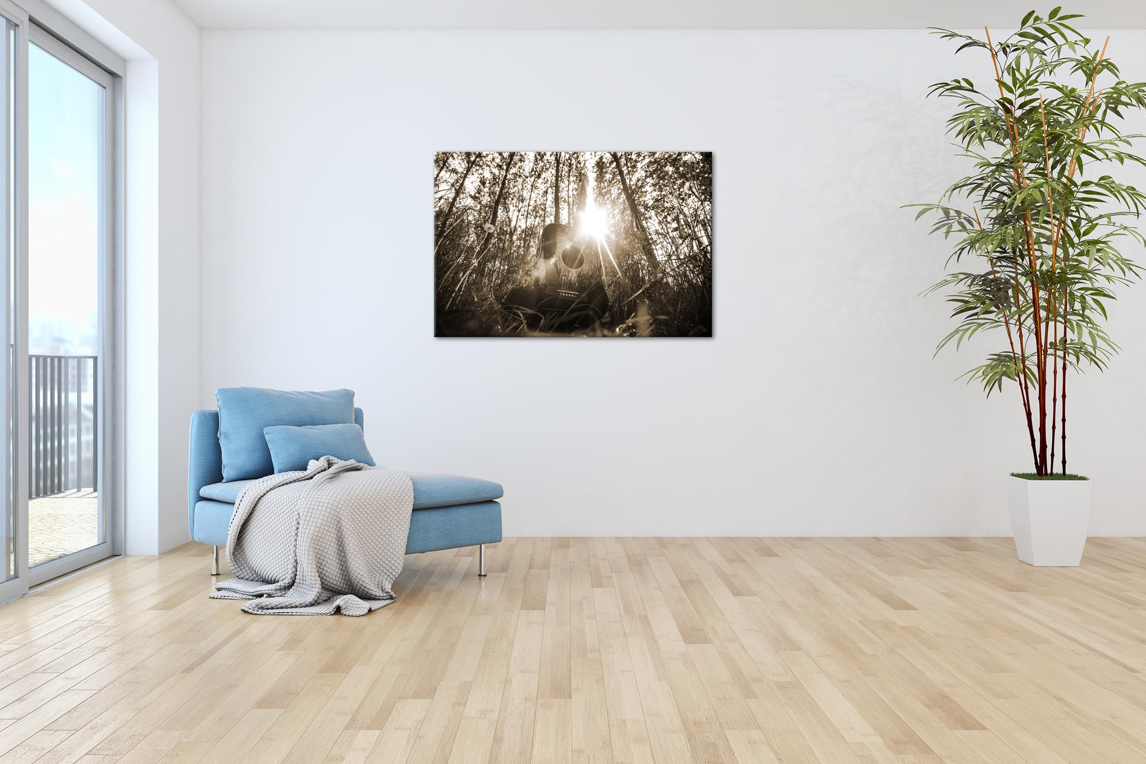 deyoli Chitarra acustica in formato foresta idilliaco: 90 x 60 cm, effetto: Seppia come tela, motivo già incorniciato su telaio in vero legno, stampa digitale di alta qualità con cornice