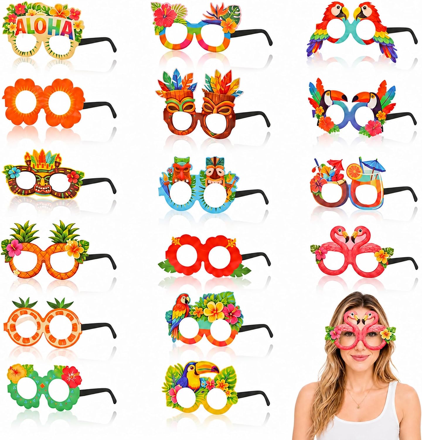 16 Pack Plastic Luau Party Glasses - Hawaiian Sun Frames for Photo Booth Props, Summer Beach Pool Tropical Tiki Decorations, Photo Eyeglasses for Luau Birthday Party Favors Supplies