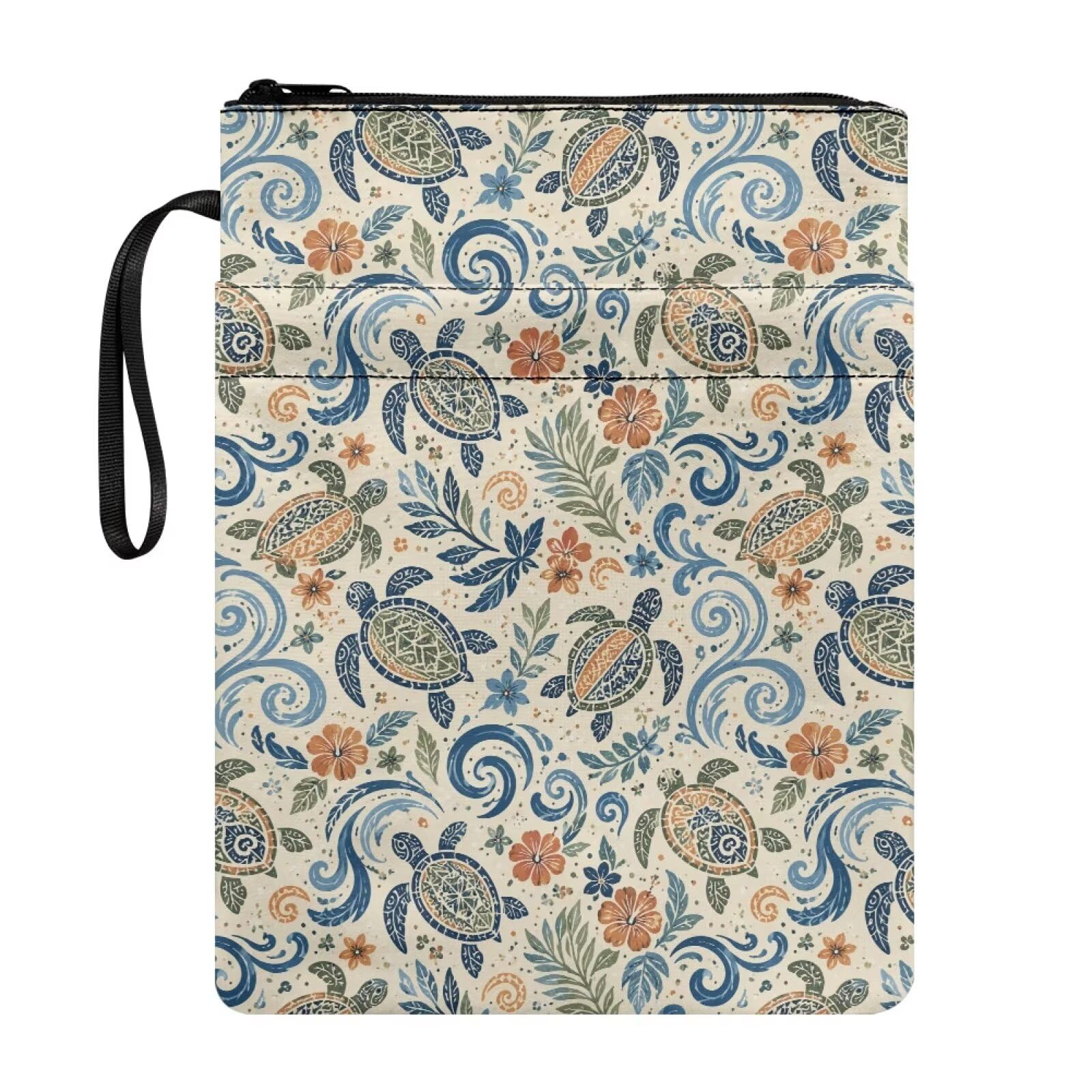 Poceacles Polyester Book Covers for Hardcover Portable Bible Pouch Book Sleeve with Zipper and Extra Pocket for Women Men Boys Girls, Tropical Sea Turtle Leaf Flower Beige — image 1