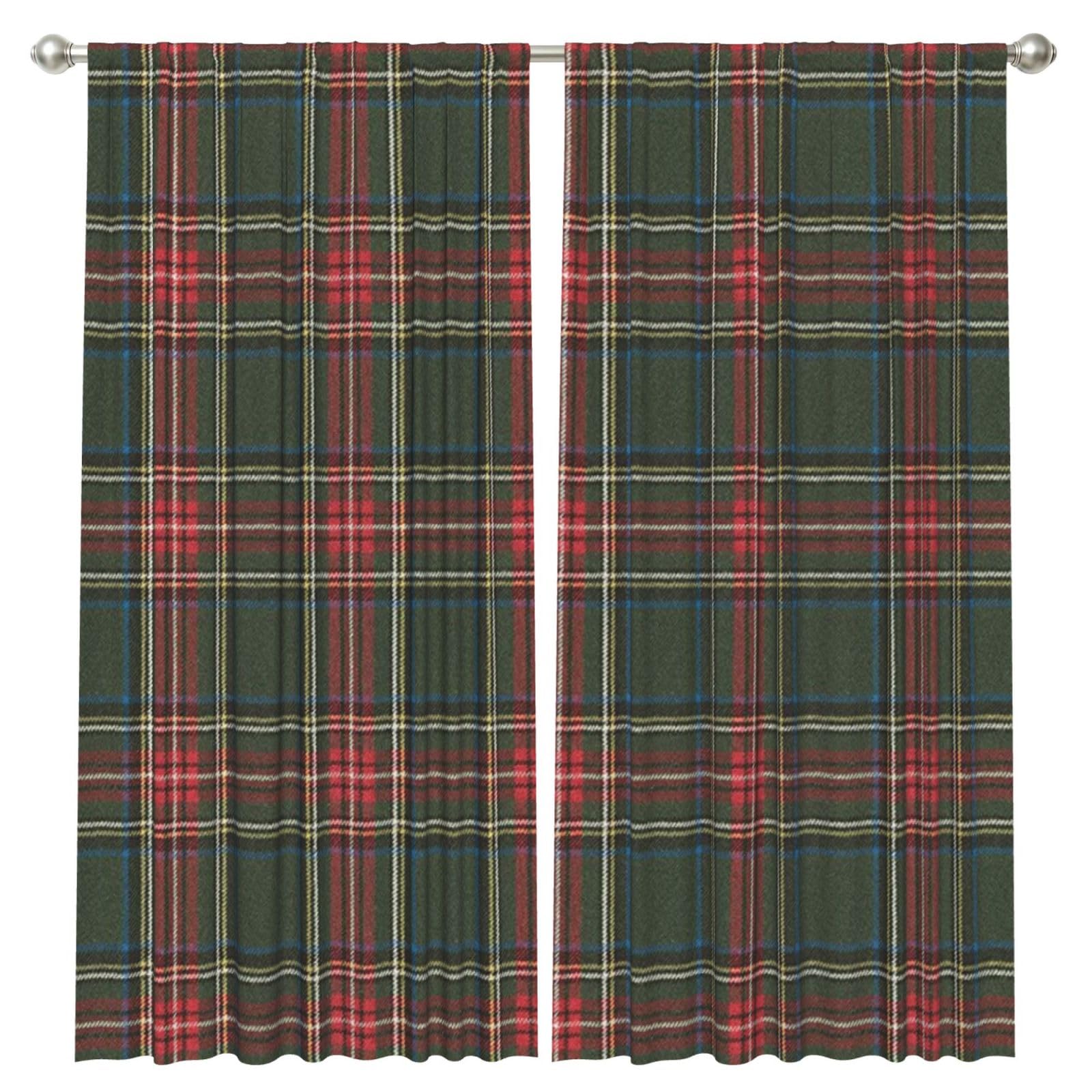 InOmak Green And Red Tartan, 2 Panels Window Curtains 52 x 84 Inch Blackout Curtains for Living Room Bedroom