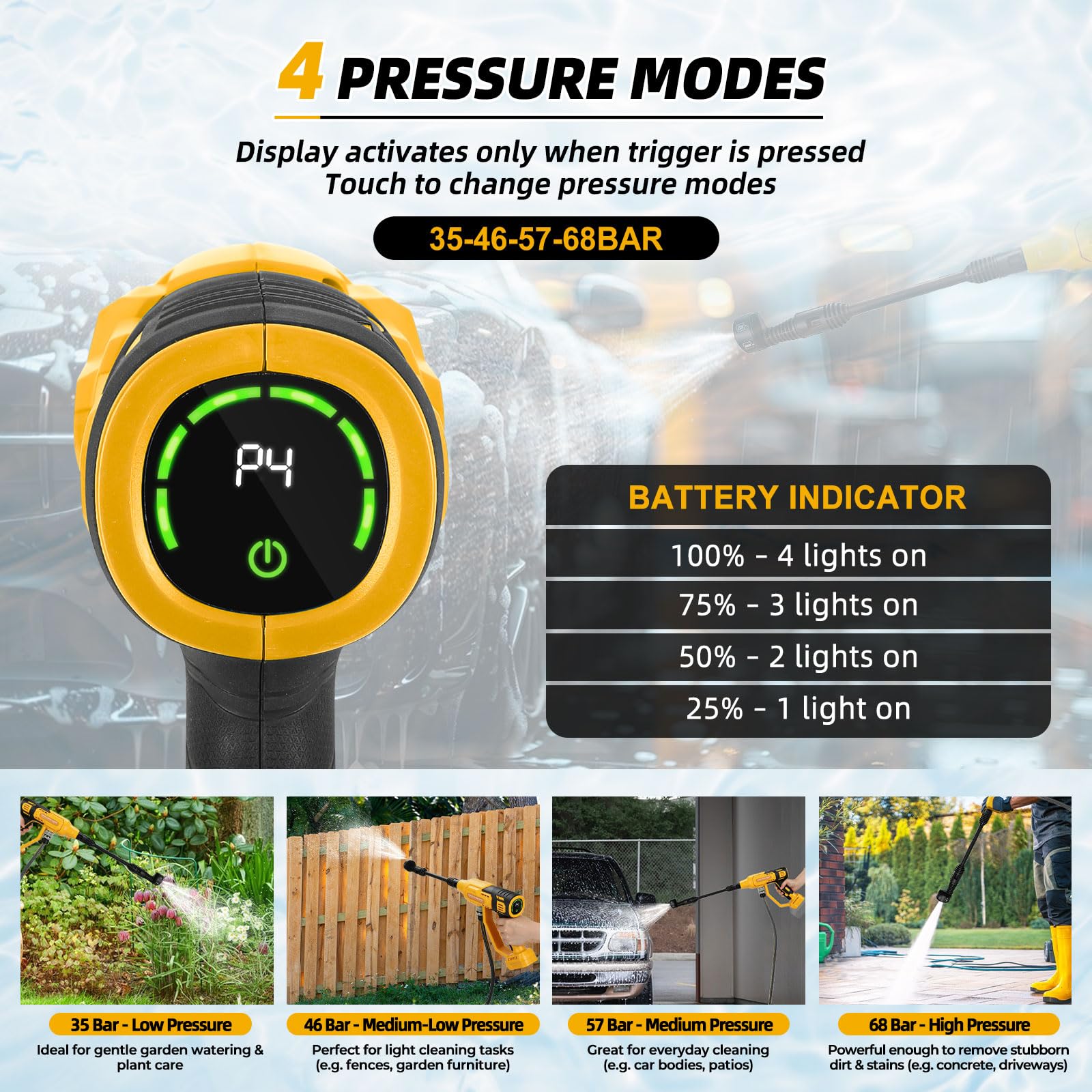 Limpiador de alta presión inalámbrico compatible con Dewalt 20 V, 570 W, limpiador de alta presión de mano sin escobillas, con boquilla 6 en 1, pistola de alta presión de 4 niveles para la limpieza de