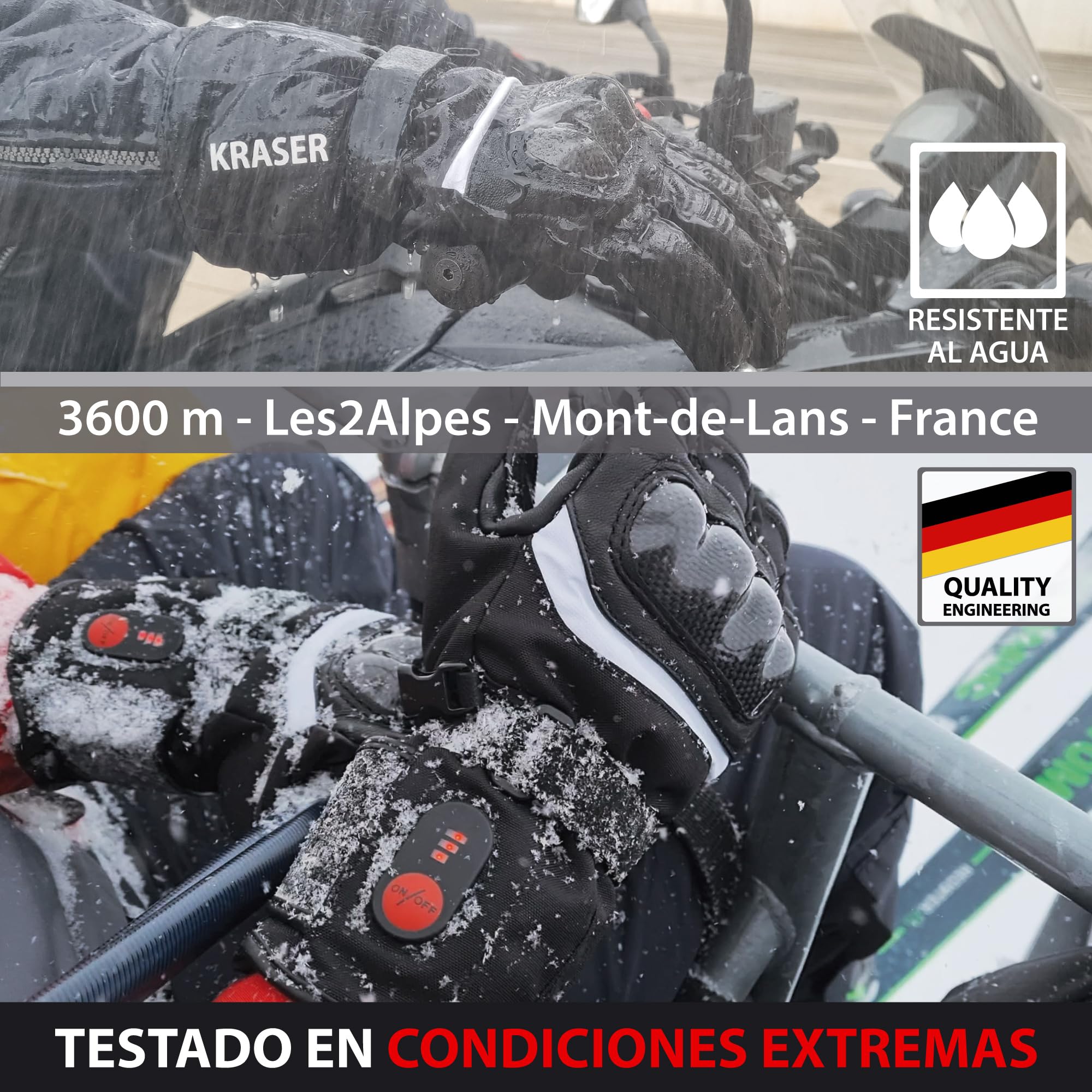 KRASER KRGS28 Guantes de Moto Premium Homologados CE, Calefactables e Impermeables, Testado Extremo y Protección Fibra Carbono, 3 Niveles de Calor para Invierno Hombre y Mujer