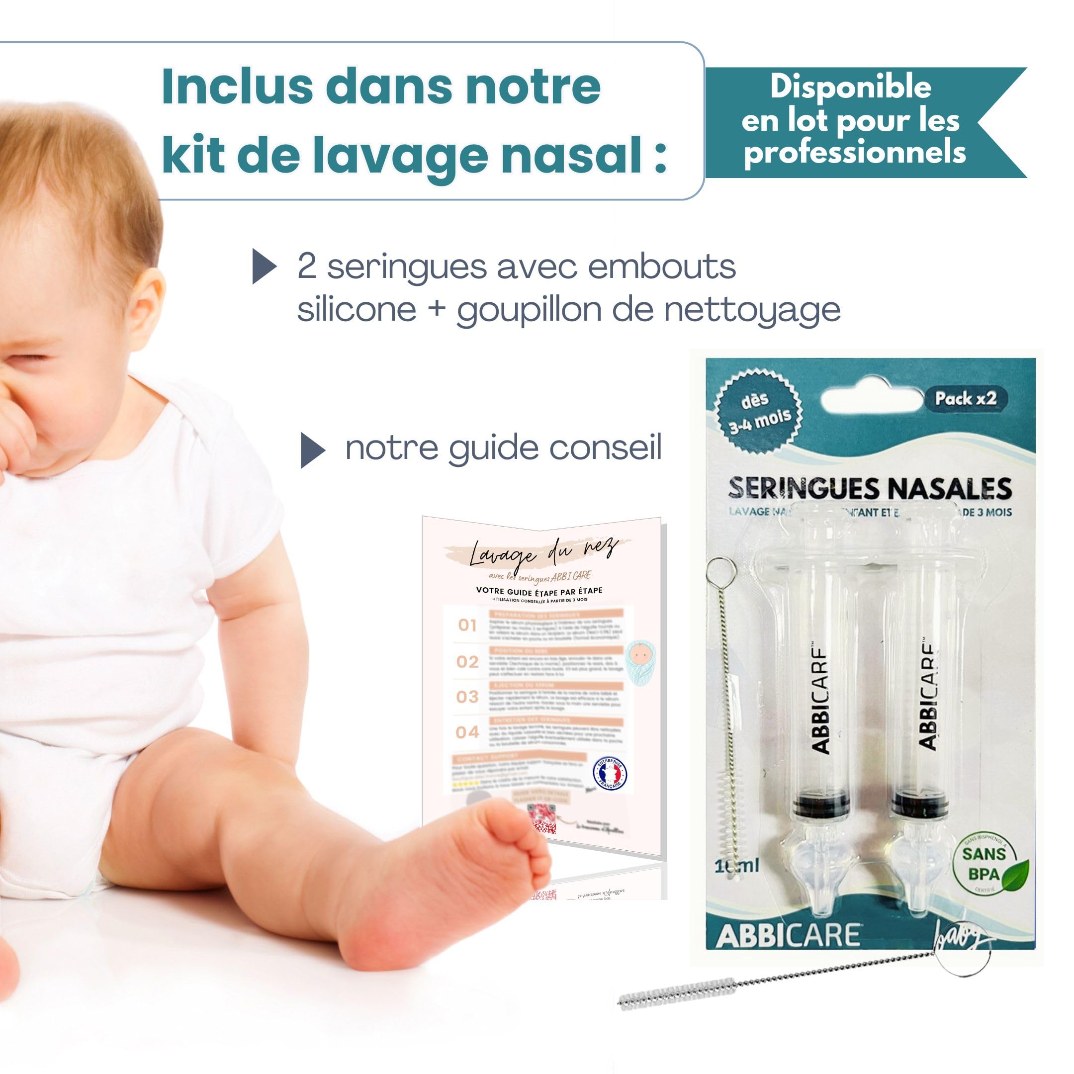 ABBICARE Mouche bébé seringue nasale 10ml Kit 2 seringues avec embouts silicone sans BPA CE