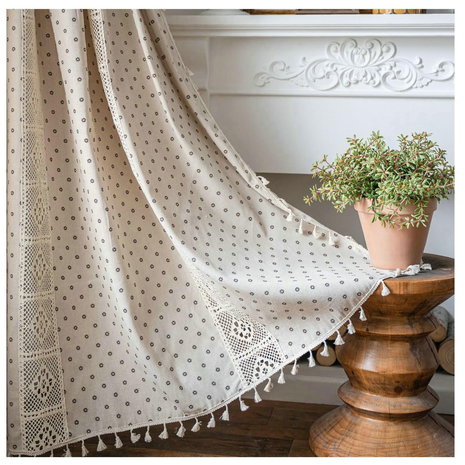 Tende Verande, Tenda Camera 2 Pezzi Beige Marrone 150X200CM Tende Finestra Fiore Patchwork all'Uncinetto Vuoto Stampato