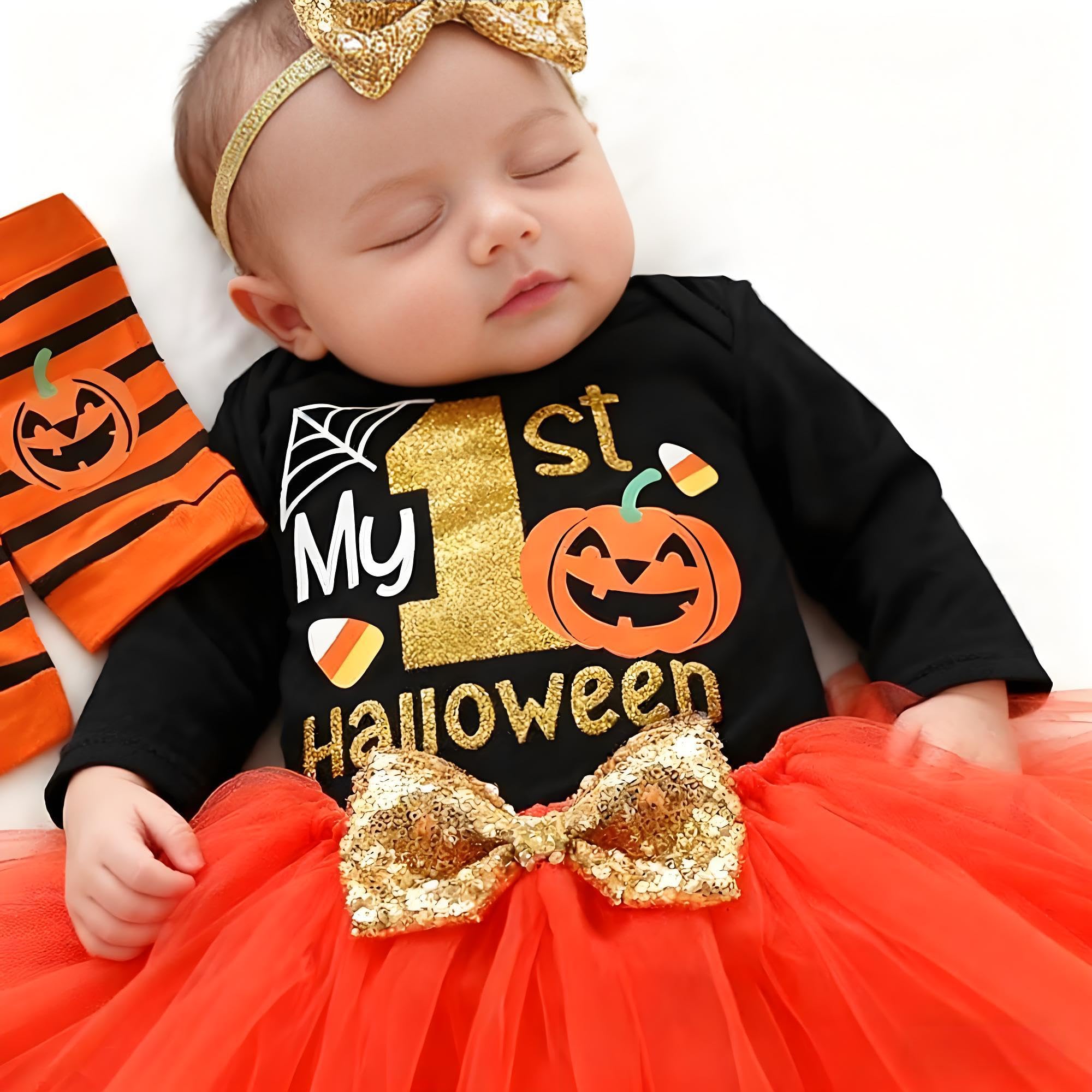FUTERLY Vestito Halloween Neonato, Il Mio Primo Costume Halloween Neonato, Vestiti Halloween Neonata, Tutina Halloween Neonata +Gonna Tutu+Calze Lunghe+Fascia, Vestito Zucca Neonata