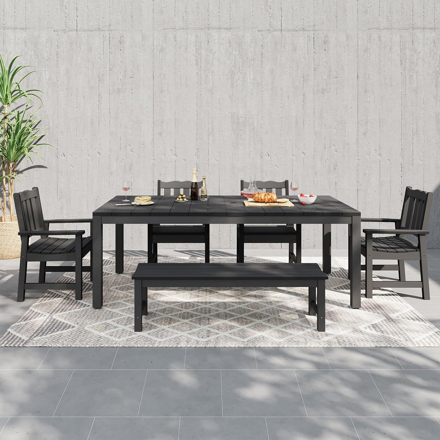 Stoog 6 Pieces Outdoor Patio Dining Set, All-Weather Dining Table and Chairs Set with Bench for 6 People, Outdoor Furniture Set with 2" Umbrella Hole for Garden, Backyard and Lawn, Black