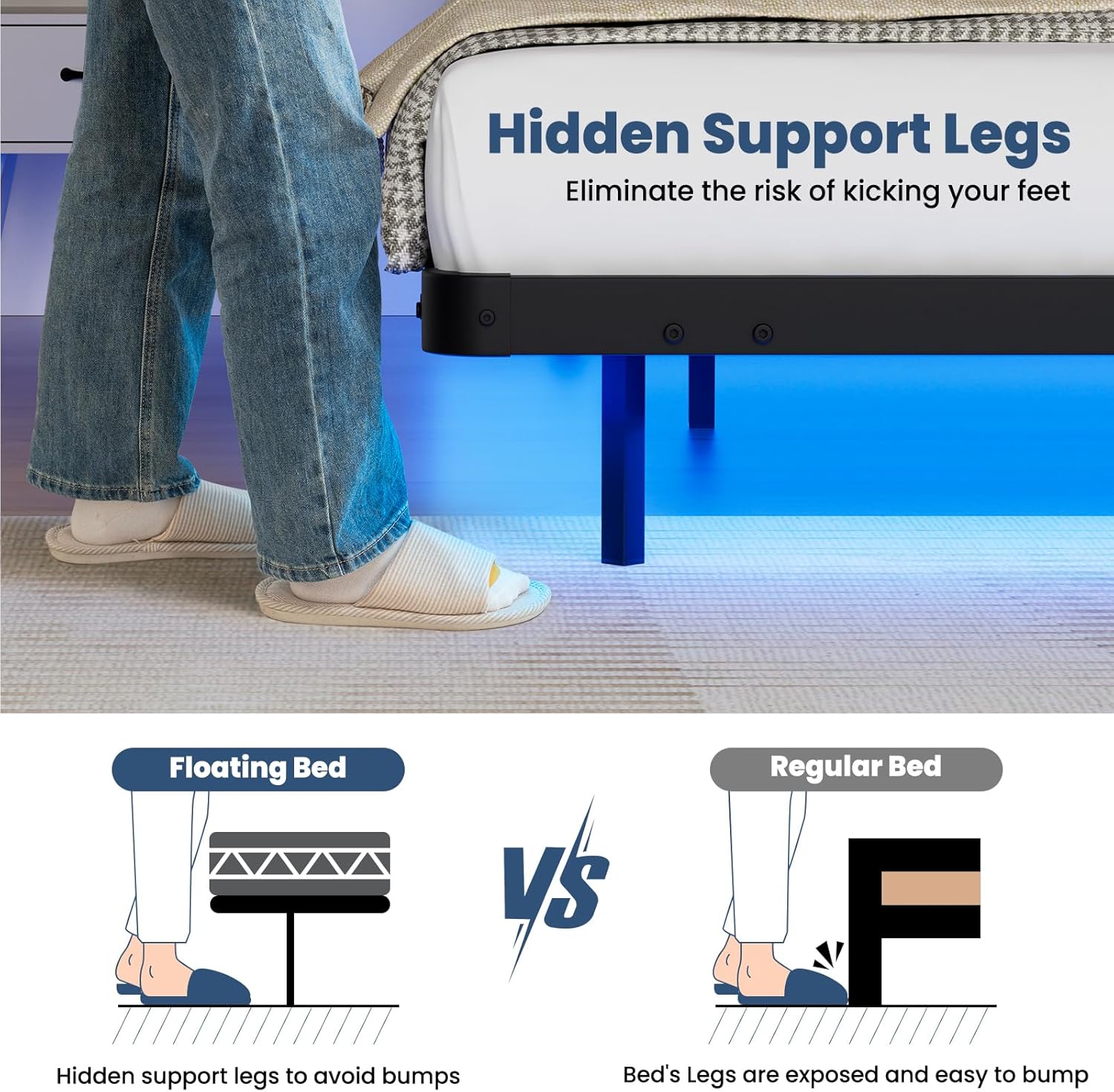 Floating Bed Frame Queen Size with LED Lights 7.7 Inch Heavy Duty Metal Platform Queen Bed with Underbed Storage Space Steel Slat Support Anti-Slip Easy Assembly, Black