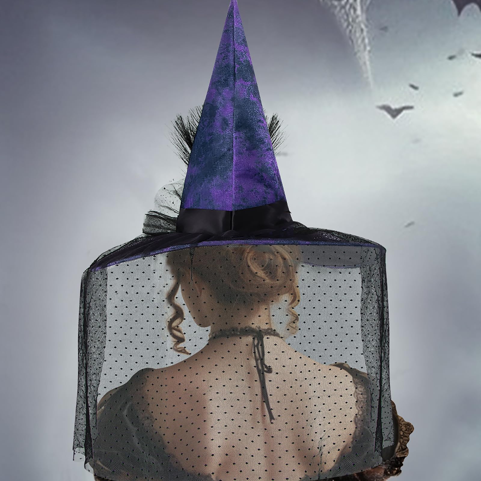 Gothic Mesh Purple Witch Hat Halloween Unisex Adult Witches Hat with Veil and Glitter Gauze & Floral Fancy Dress Costume Party Pointed Wizard Cap Cosplay Accessories for Christmas Masquerade Carnival - Image 2