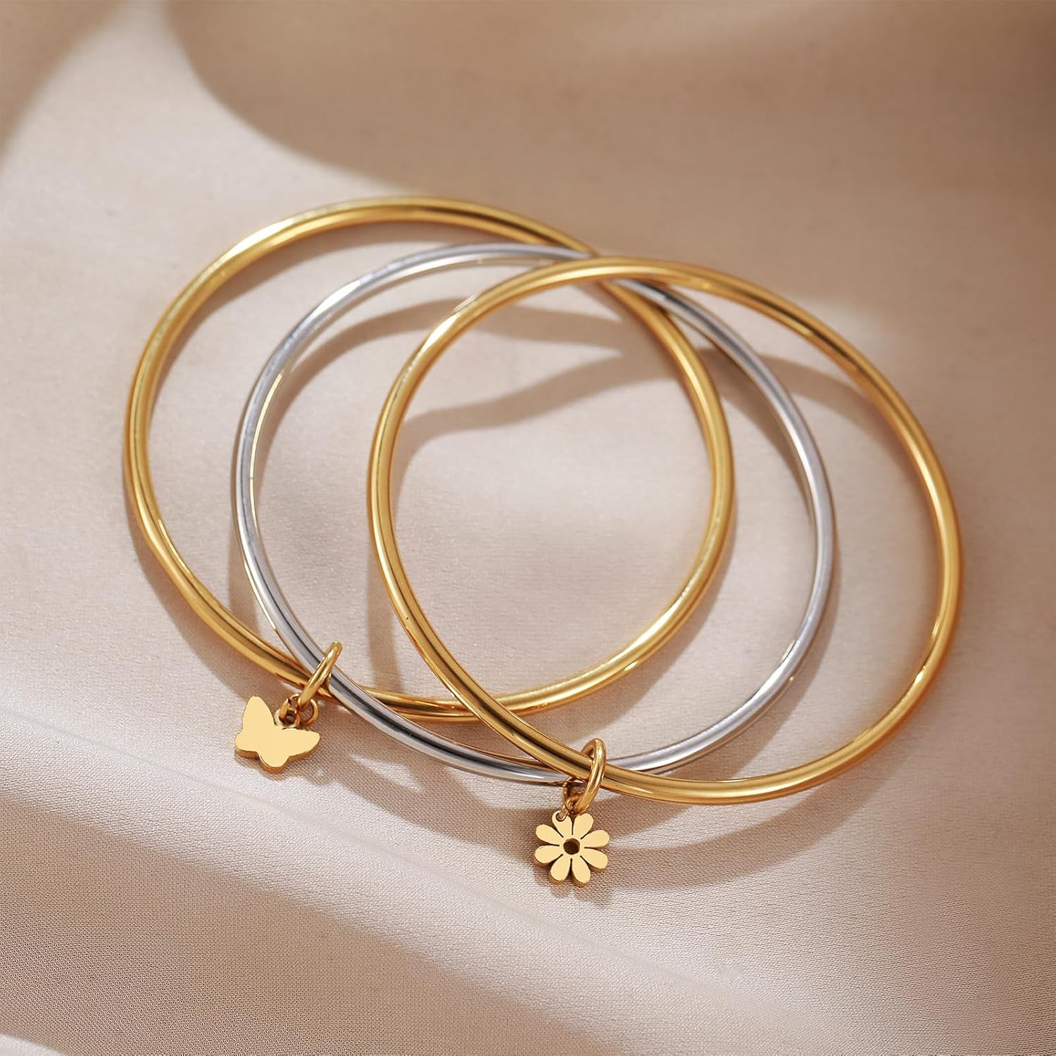 DS Bangle Bracelets for Women 18K Gold Plated Stainless Steel Layering Glossy Stackable Thin Round Wire Cuff Bangle Bracelets Dainty Solid Polished Bracelet Minimalist Jewelry Best Gifts for Love - Image 3