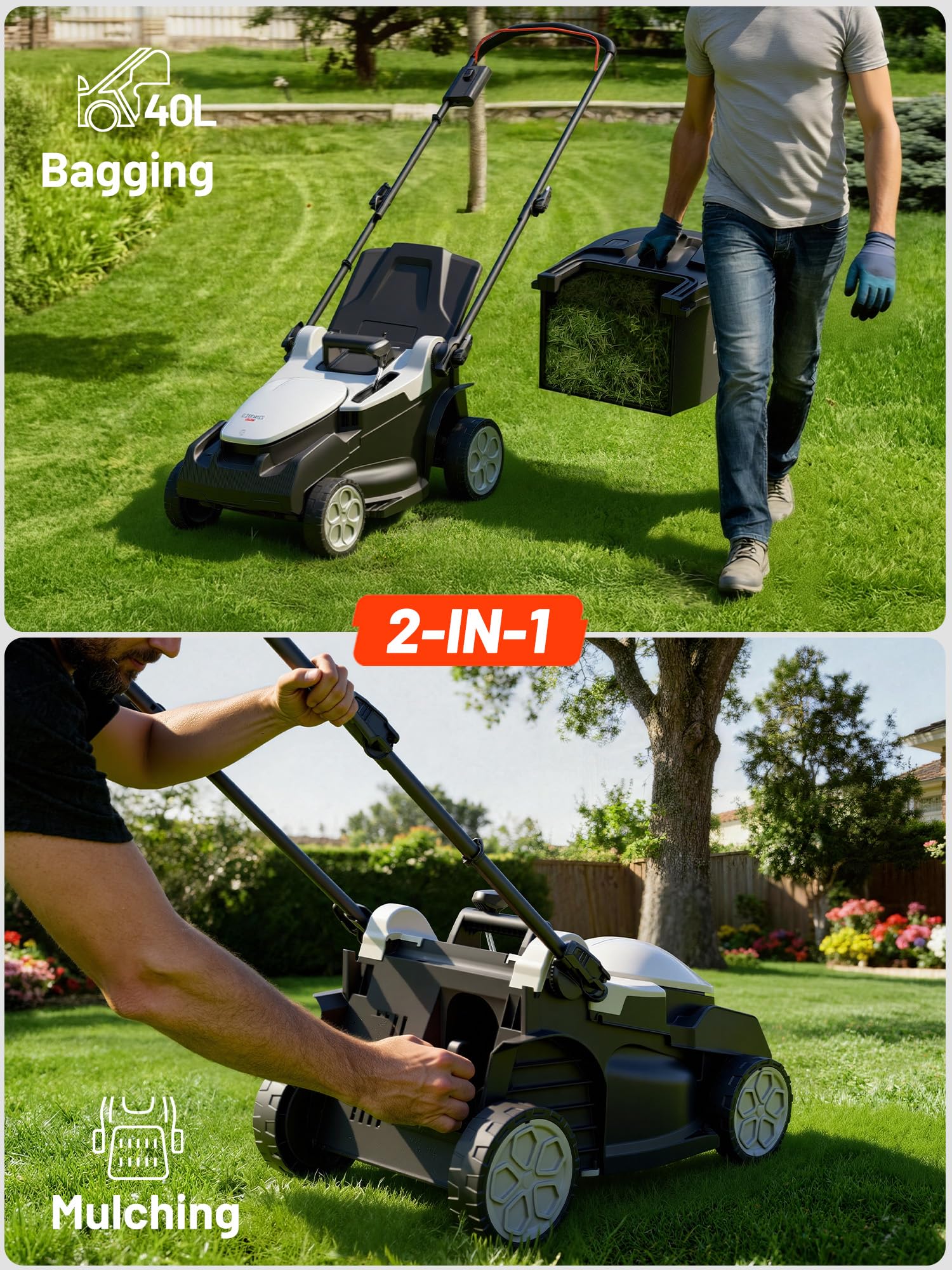 Litheli Akku Rasenmäher, 2 x 20V, 38cm Schnittbreite, Brushless, bis 300 m², 40L Fangkorb, 25-75 mm Schnitthöhe, Rasenmäher Akku inkl. 2 x 4,0 Ah Akkus