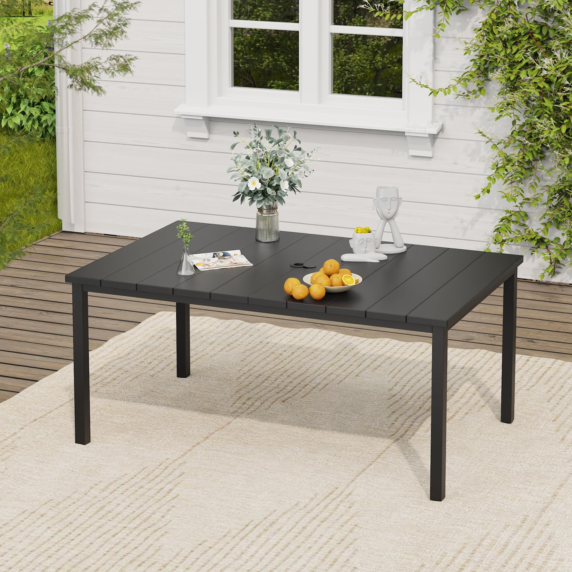 VICLLAX Outdoor Table for 6, Metal Patio Dining Table with Umbrella Hole for Garden Lawn Deck Backyard, Black Tabletop