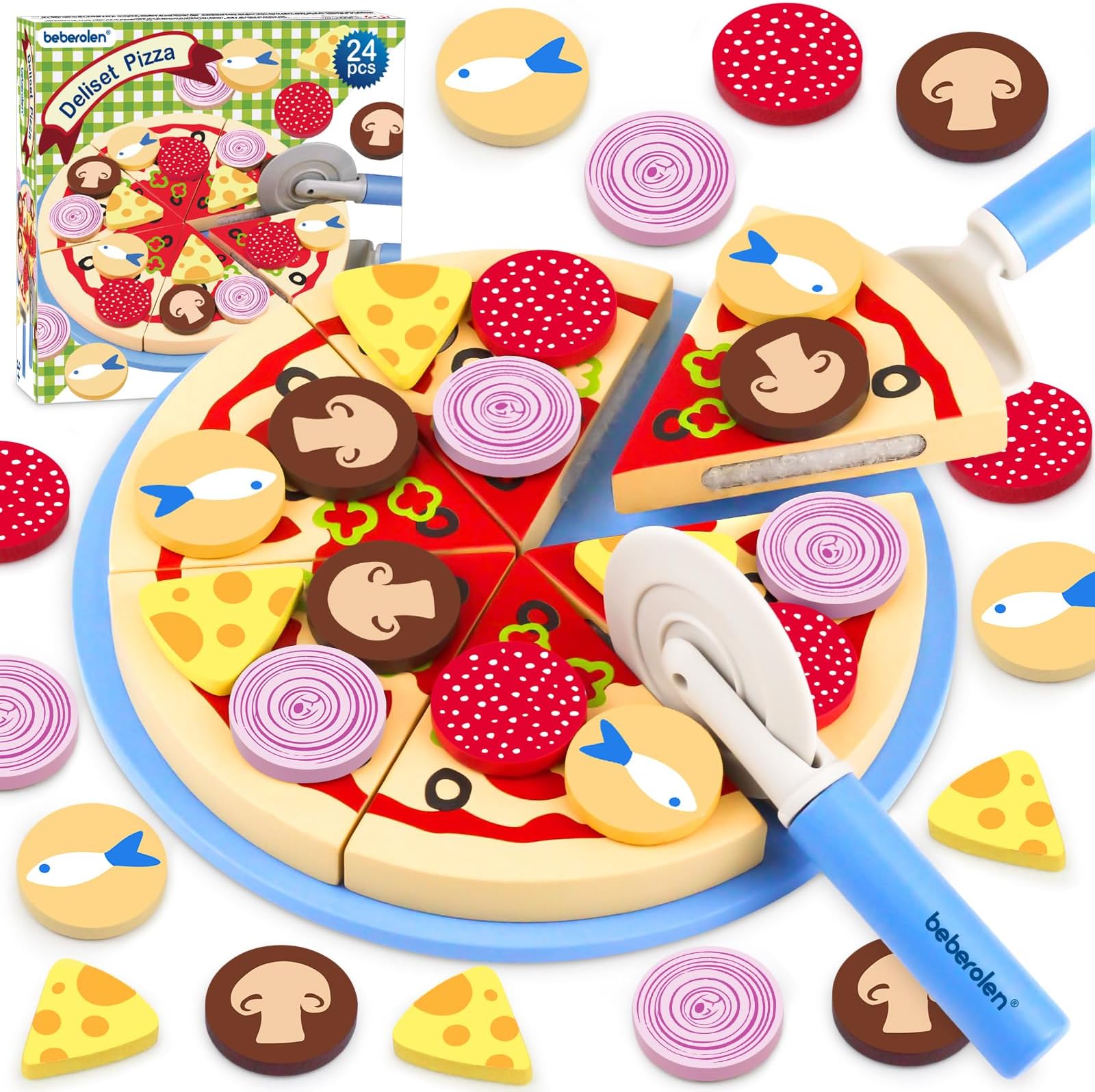 Beberolen Wooden Pizza for Children, Montessori Educational Toy Kitchen Accessories, Roleplay, Creative Gift Birthday Children's Day Easter Halloween Christmas Boys Girls 3 4 5+ Years Old