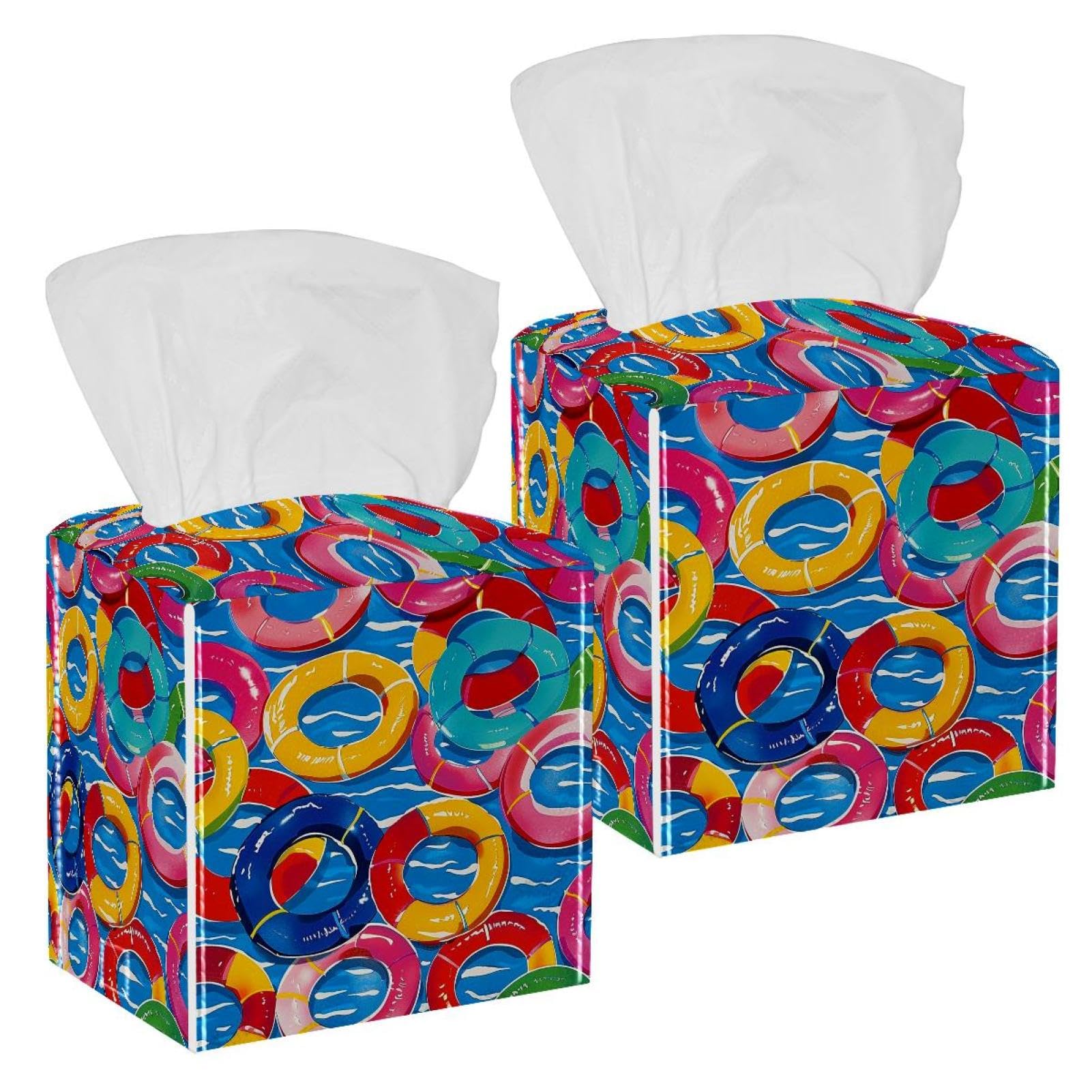 Swimming Circle Tissue Box Cover, 2 Pack PU Leather Square Facial Tissue Dispenser Box holder for Home Office Car