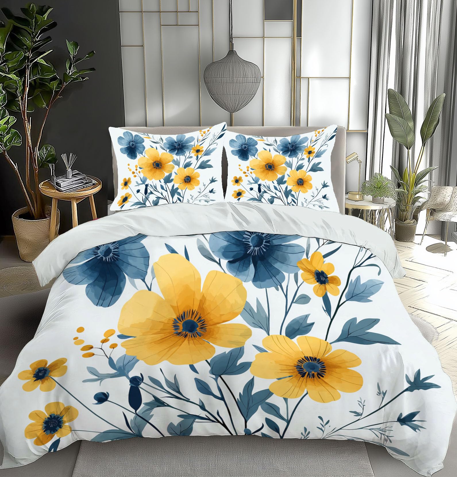 Housse de couette 200x200cm fleurie jaune et bleu en microfibre avec 2 taies 65x65 cm