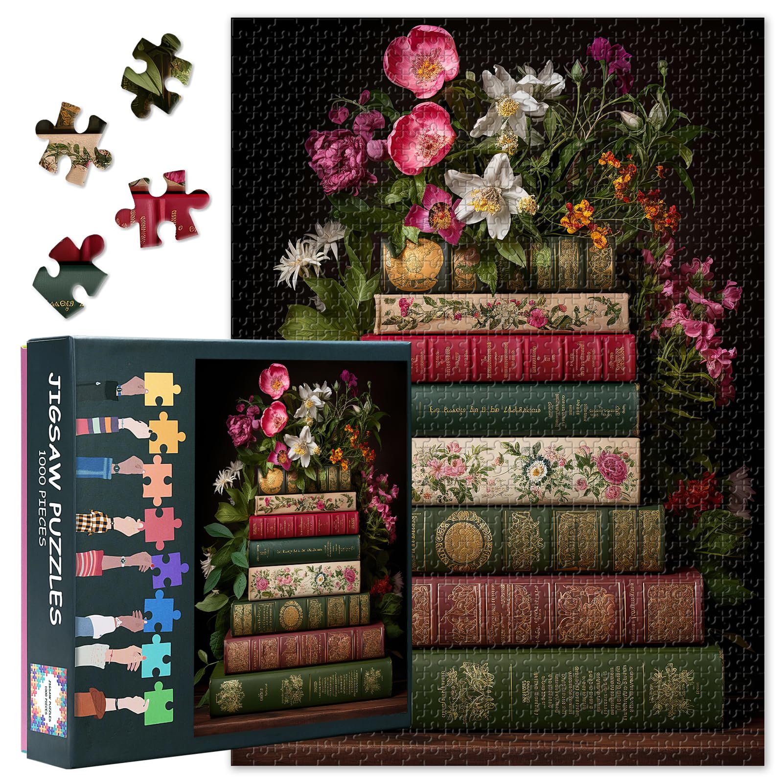 1000 Piece Jigsaw Puzzle for Adults Vintage Still Life Art Featuring Flowers and Books Classic Library Bloom Collection Challenging Puzzle for Relaxation Home Office Decor 27.5x19.7 Inch