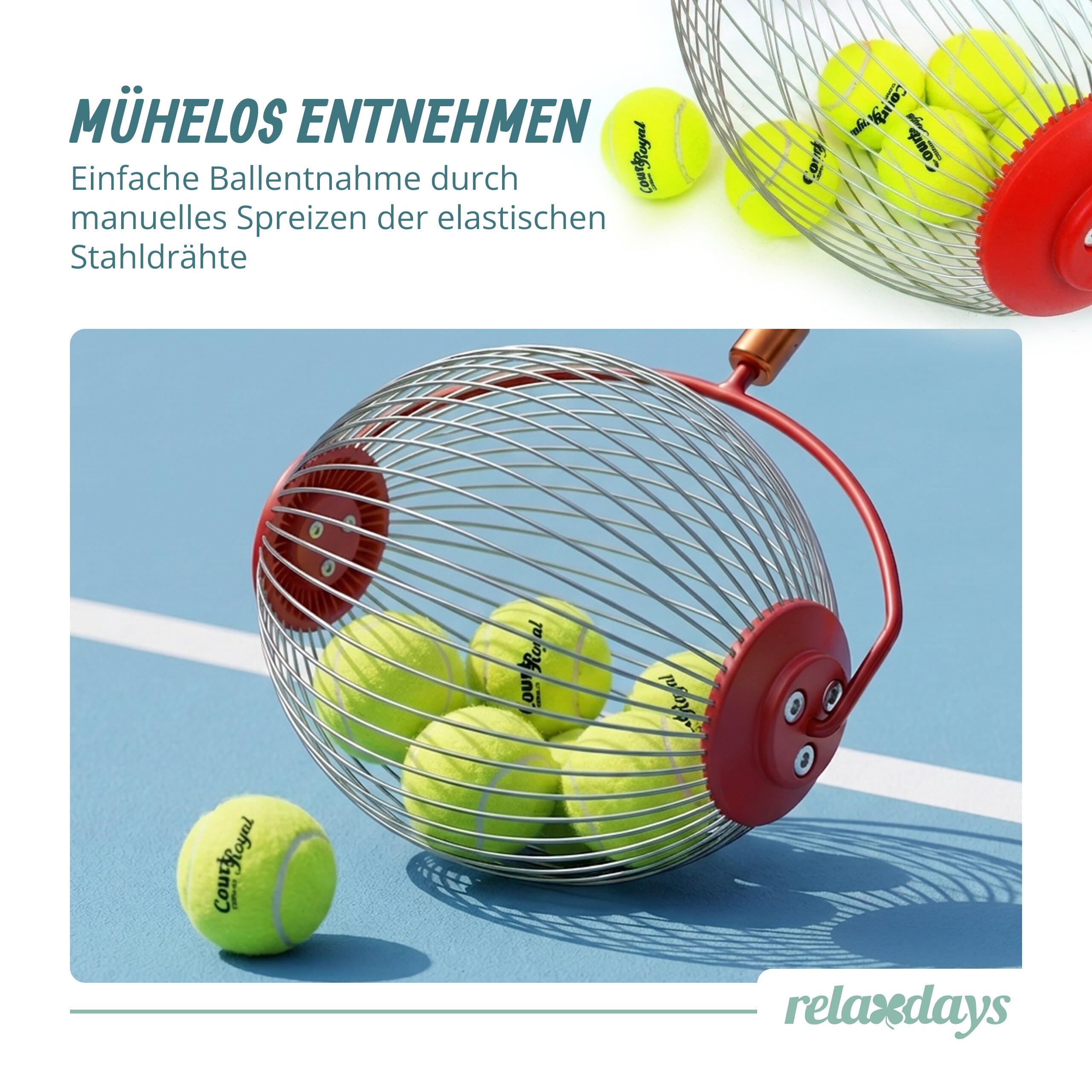 Relaxdays Tennisball Sammler, 25 Bälle, HBT: 128 x 32 x 19 cm, Metall, Abnehmbarer Griff, Rollsammler Tennis, Silber/rot