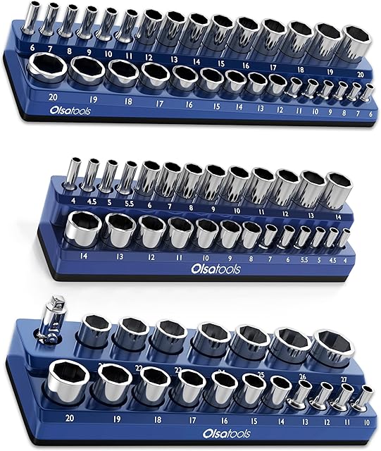 Olsa Tools Magnetic Socket Organizer | 3 Piece Socket Holder Kit | Professional-Grade | 1/2-inch, 3/8-inch, 1/4-inch Drive | Metric Blue | Holds 75 Sockets