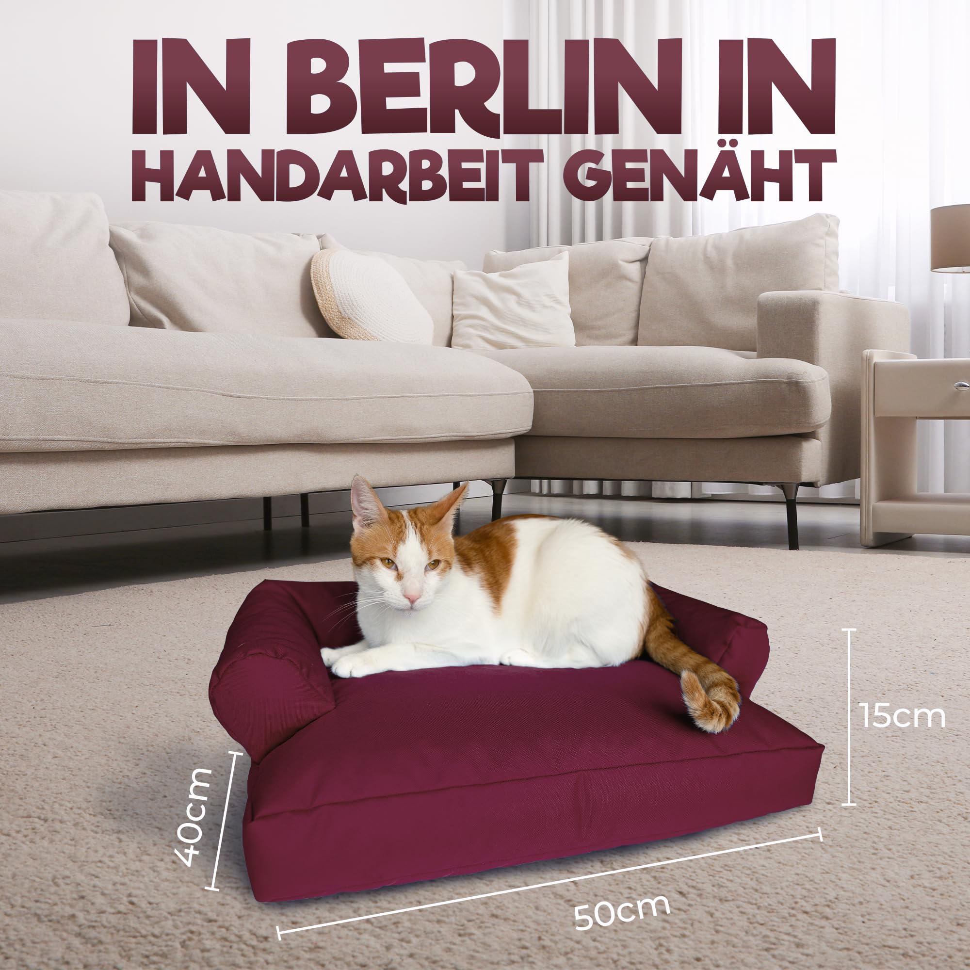PATCH HOME Katzenbett – Oeko-TEX Zertifiziert – Katzenmöbel – mit recyceltem Styropor gefüllt – Katzensofa – Made in Germany – 50x40x15 cm – Weinrot