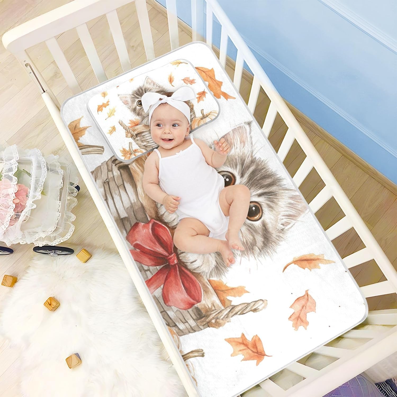 Cute Cartoon Cats Autumn Fall Cooling Baby Waterproof Crib Mattress Cover 28" x 52" Breathable Crib Mattress pad for Baby&Toddler