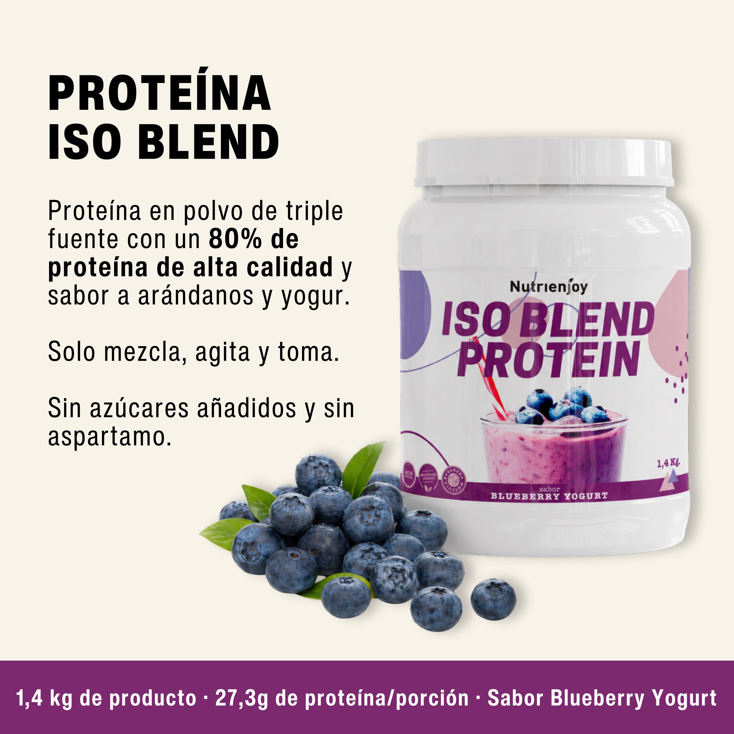 Proteína en Polvo ISO + Whey | 1,4kg | Para Ganar Masa Muscular | Recuperación Rápida y Sostenida | 27g de Proteína por Toma | Bajo en Azúcar y Apta Vegetarianos | Sabor Blueberry Yogurt - Nutrienjoy