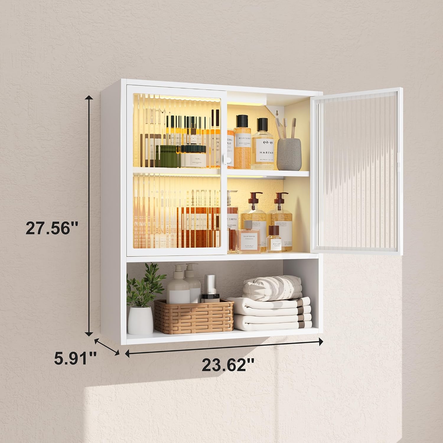 Wall Mounted Bathroom Cabinet with Glass Doors and LED Lights, Metal Medicine Cabinet with Magnetic Door, Over The Toilet Storage for Bathroom, Kitchen, Laundry Room，White