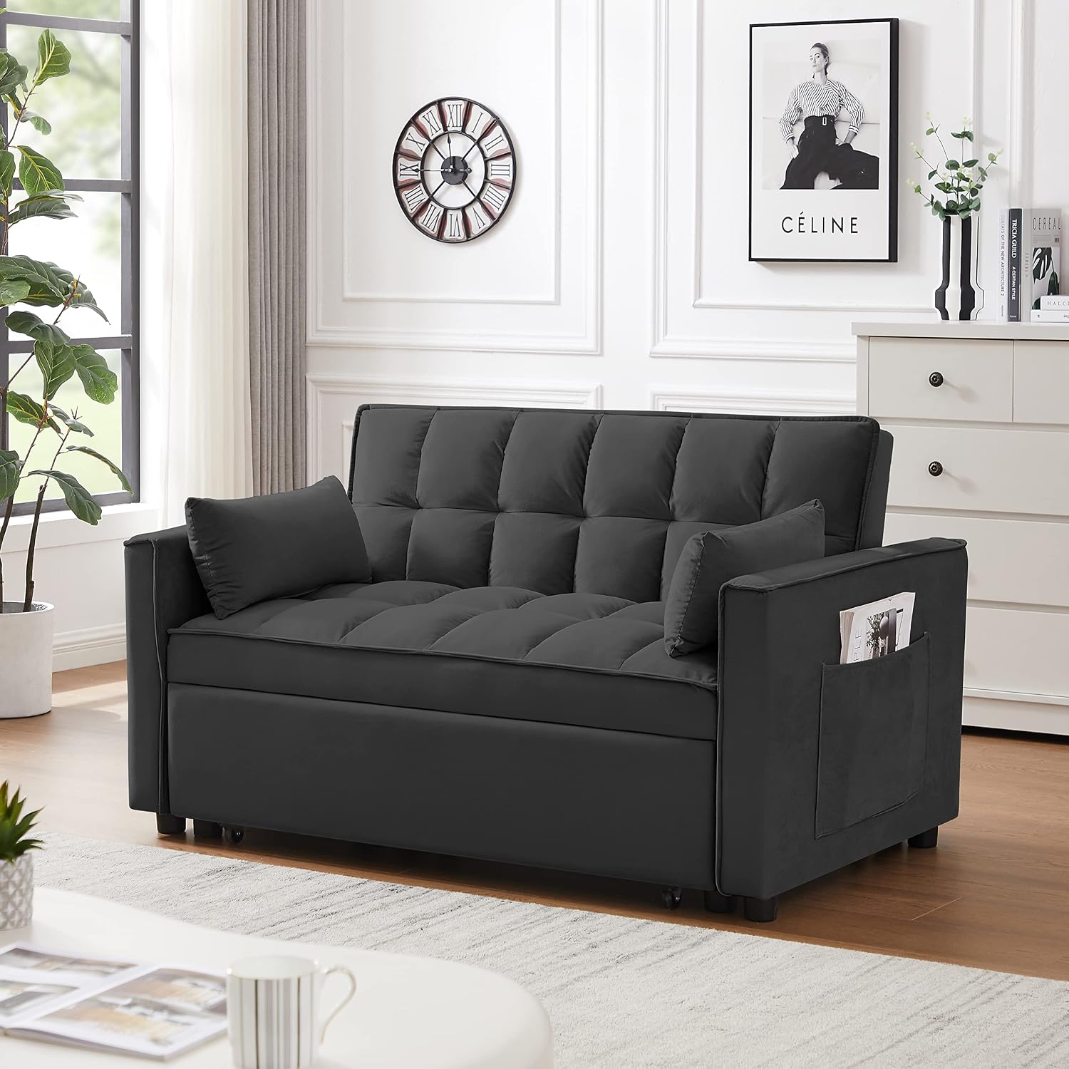 Convertible Sleeper Sofa Bed, 3 in 1 Modern Velvet Loveseat Futon Sofa Couch with Pullout Bed Reclining Backrest Toss Pillows Pockets for Living Room(Black)