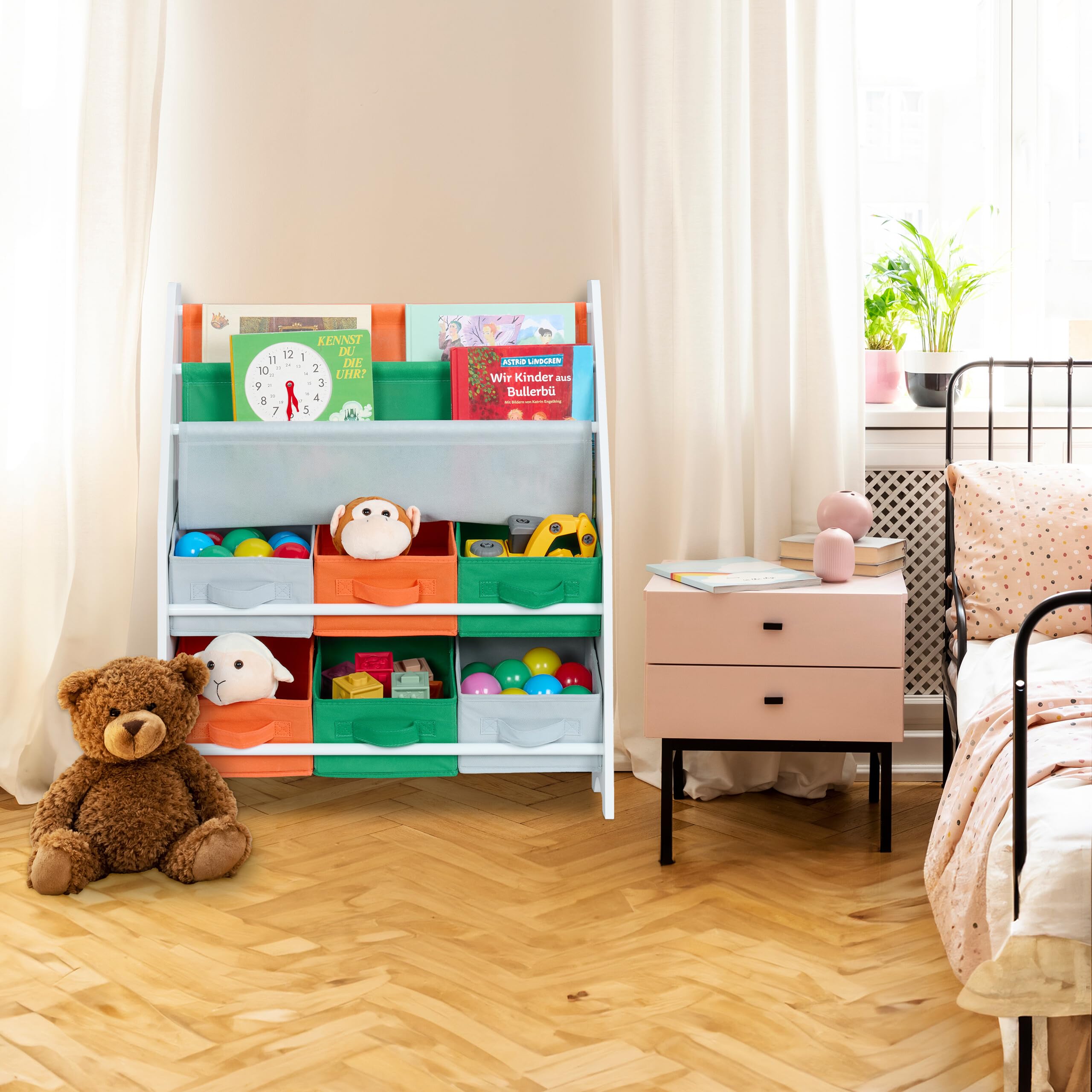Relaxdays Regał dziecięcy z 6 pudełkami do przechowywania i 2 wiszącymi półkami, wys. x szer. x gł.: 74 x 62,5 x 31 cm, dziecięcy regał na zabawki, kolorowy