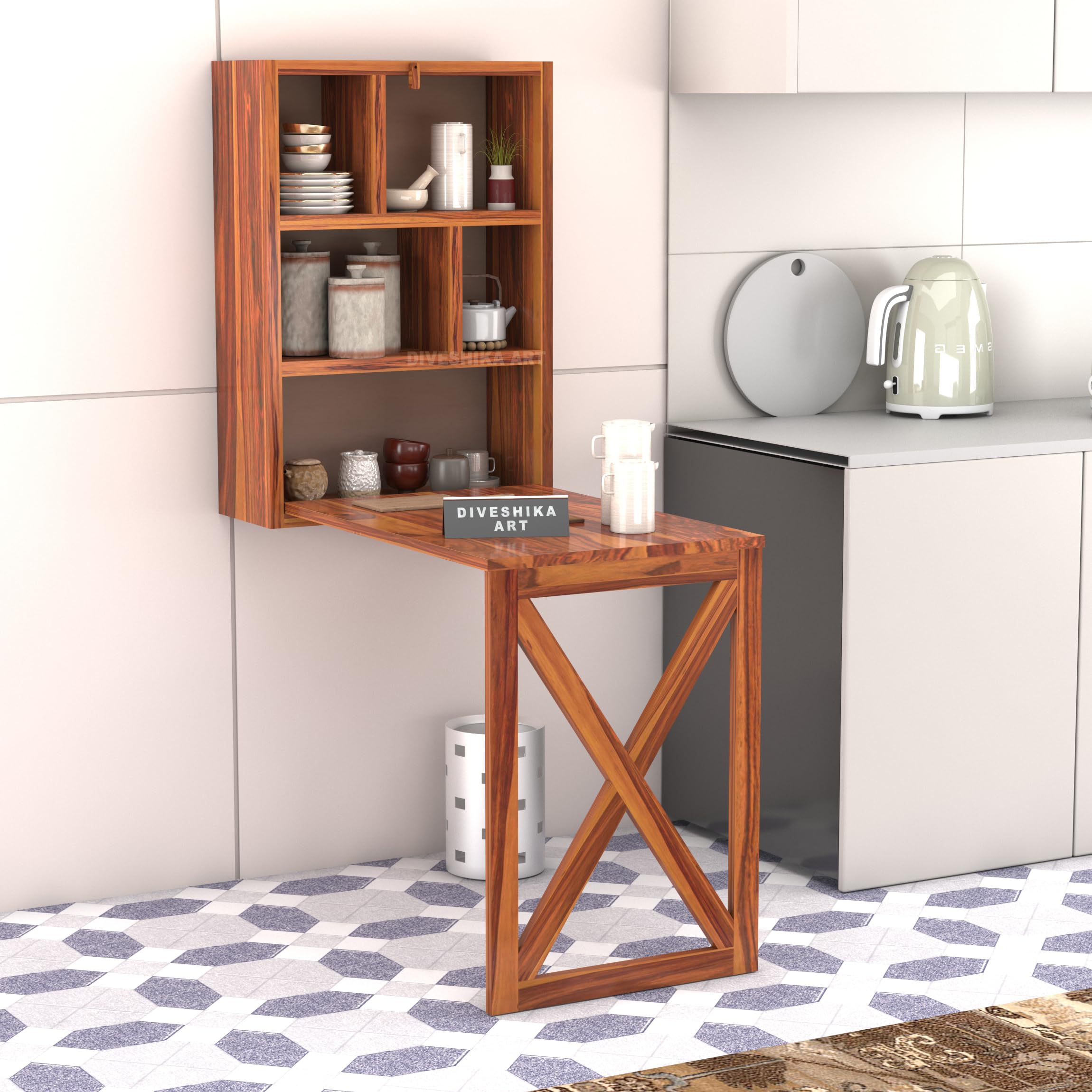 Wooden Wall Mounted Folding Dining Table with Storage Cabinet | Natural Finish Space Saving Kitchen Shelf & Study Desk-image-26