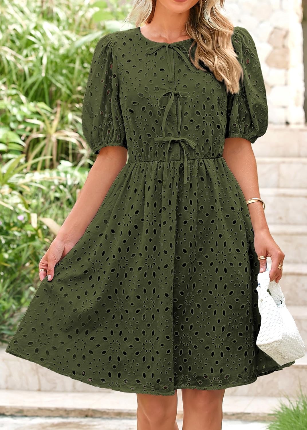 KIRUNDO Eyelet Summer Dresses for Women 2025 Short Sleeve Tie Front Babydoll A Line Wedding Guest Beach Vacation Sundress - Image 3