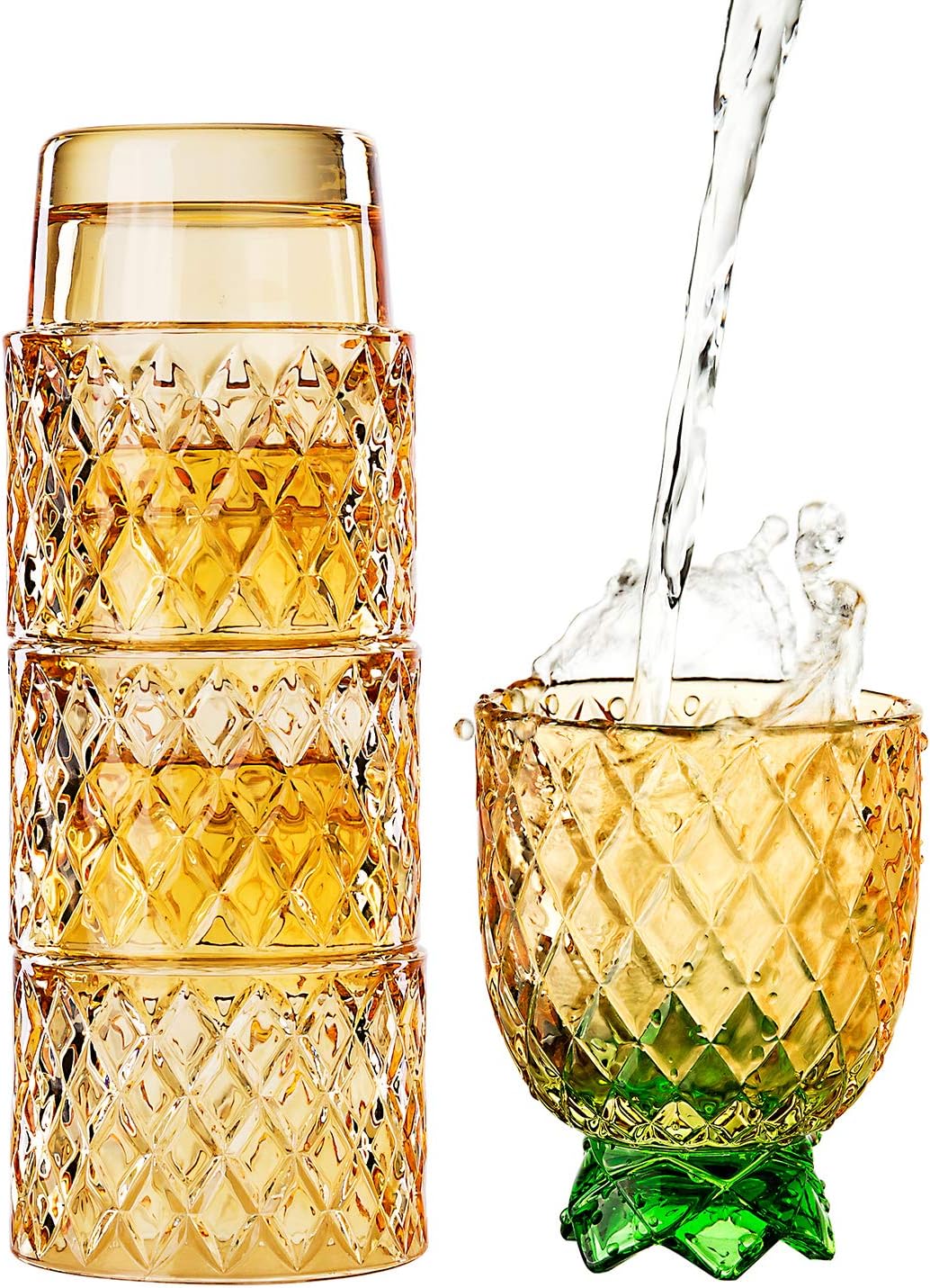 Diamond Star Stacking Glasses Fruit Set of 4 10 oz Cups Pear Pineapple Colorful Stackable Drinking Glass Sets Yellow with Green Leaf Glassware for Drinking Water, Bear