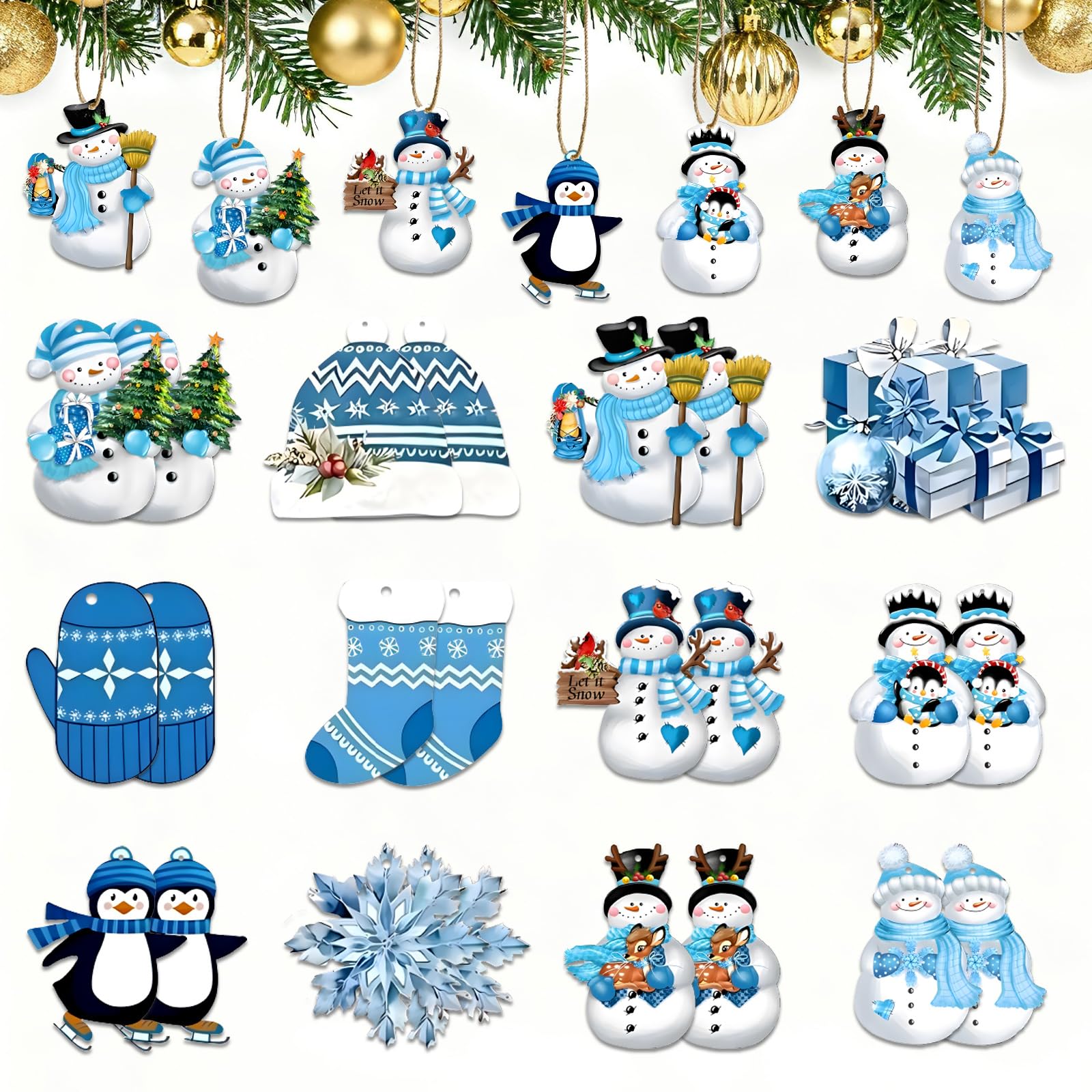 24PCS Wooden Christmas Hanging Decorations - Vintage Snowman Snowflake Hat Penguin Wood Cutouts - Christmas Hanging Ornaments with Ropes for Xmas Tree, Holiday Gifts, Farmhouse, Winter Decor