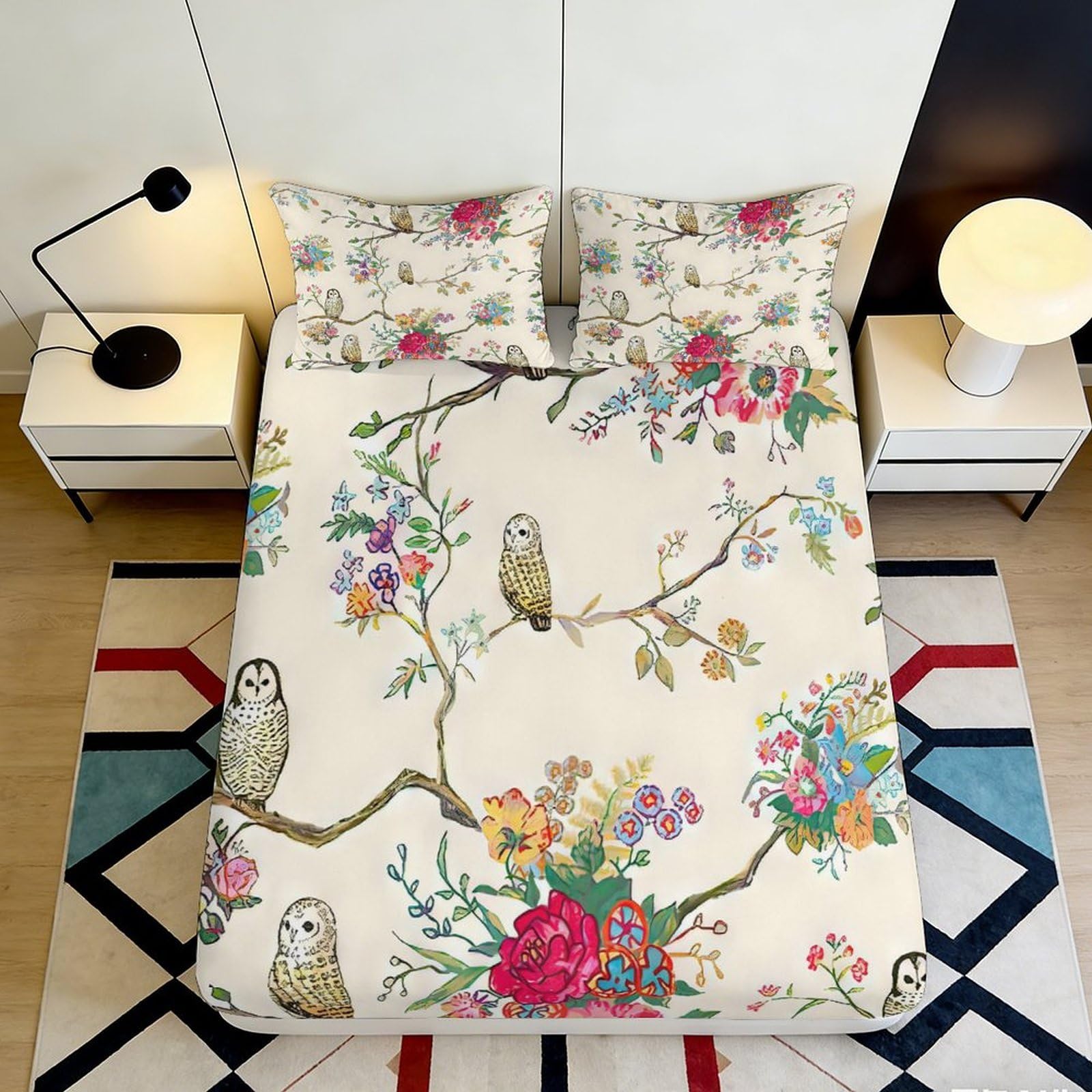 3D Printed Floral Owl Fitted Sheet Microfiber Soft Breathable Branch Pattern Bed Cover for Bedroom Dormitory Guest Room Mattress Protection Decor 180x200x25cm