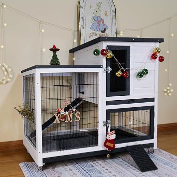 Indoor Rabbit Hutch Outdoor Bunny Cage with Urine Guards & Tray, White | Easy to Clean Rabbit Cage with Leak-Proof Trays | Guinea Pig Cages | Bunny Cage with Lockable Wheels for Small Animals