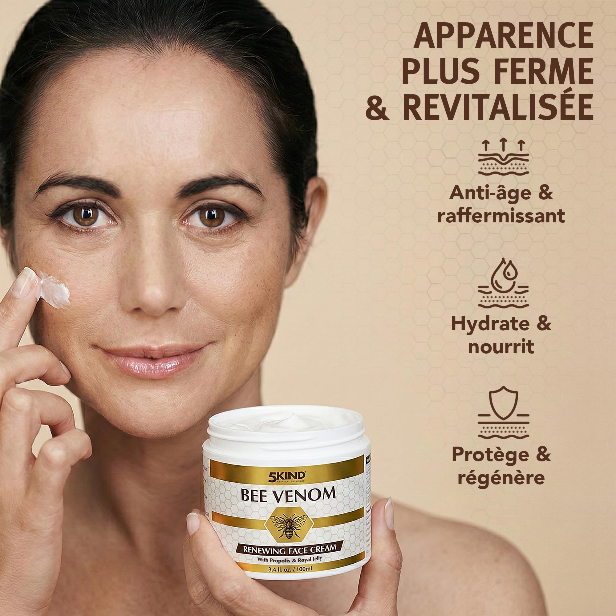 Crème Visage Régénérante au Venin d’Abeille 5Kind avec Propolis & Gelée Royale 100 ml - Crème Anti-Âge au Venin d’Abeille pour Femmes & Hommes - Crème au Venin d’Abeille contre les Rides