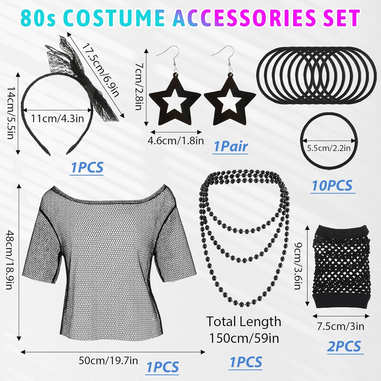80s Fishnet Top Costume Accessory Set for Women, Black Mesh Off Shoulder Shirt with Gloves Headband Jewelry 1980s Retro Halloween Party Outfit - Image 7
