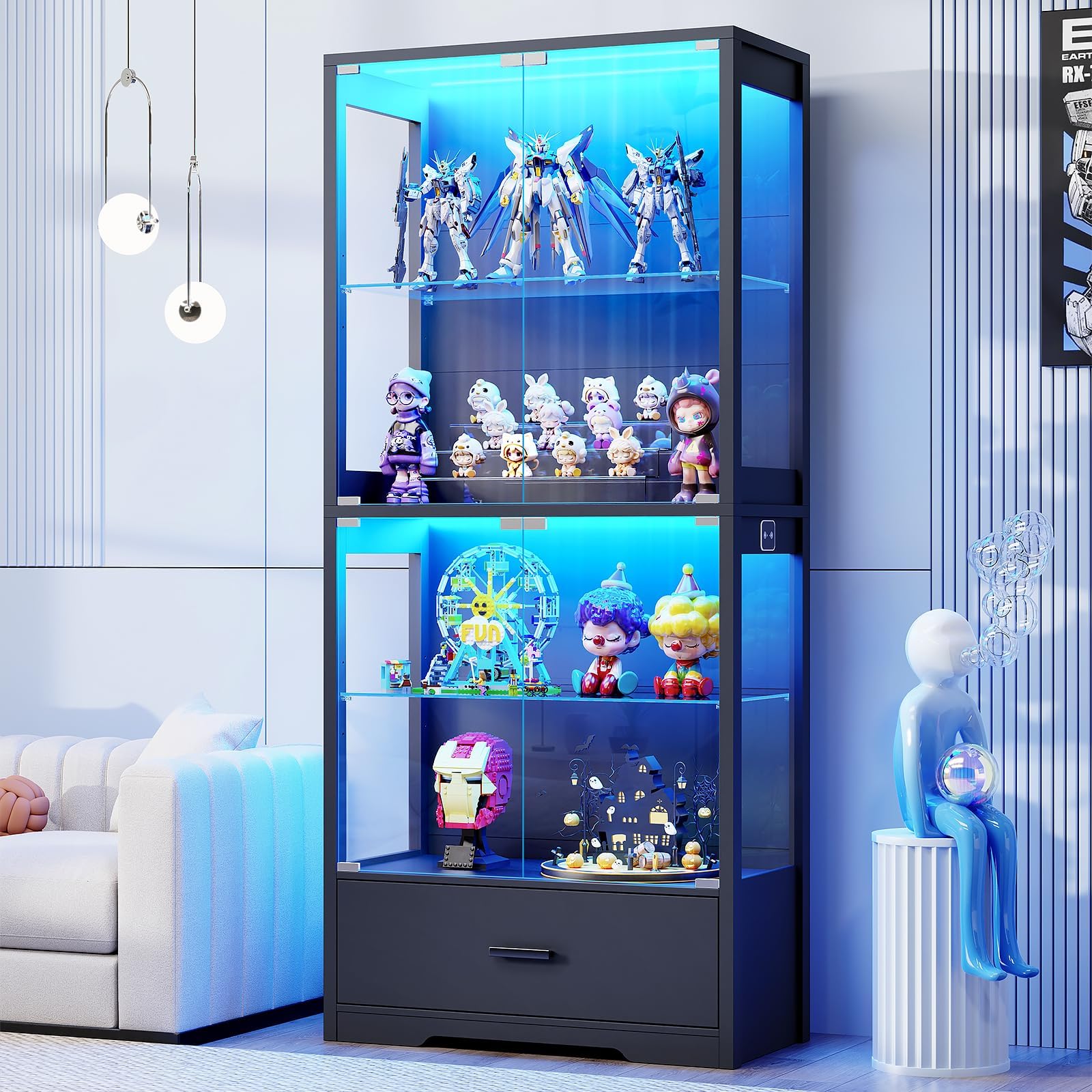 BROTTAR Display Cabinets with Glass Doors & Height Adjustable Shelves,Black | 4-Tier Glass Display Cabinet with Drawer & 3 Color Lights,Display Case for Collectibles for Playroom,Living Room,Bedroom