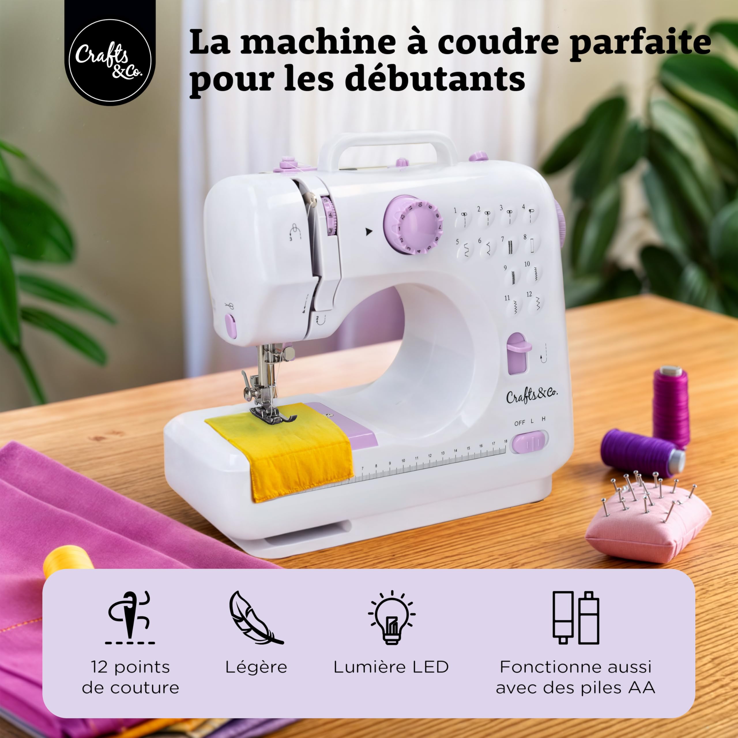 Crafts&Co® Machine à Coudre Portable Blanche | Mini Machine à Coudre Enfant avec & Pédale | 12 Points | Vitesse Réglable | Machine à Coudre Débutant | Machine à Coudre Pas Cher | Machine à coudre manuelle avec lumière LED intégrée et pédale de pied, 12 po