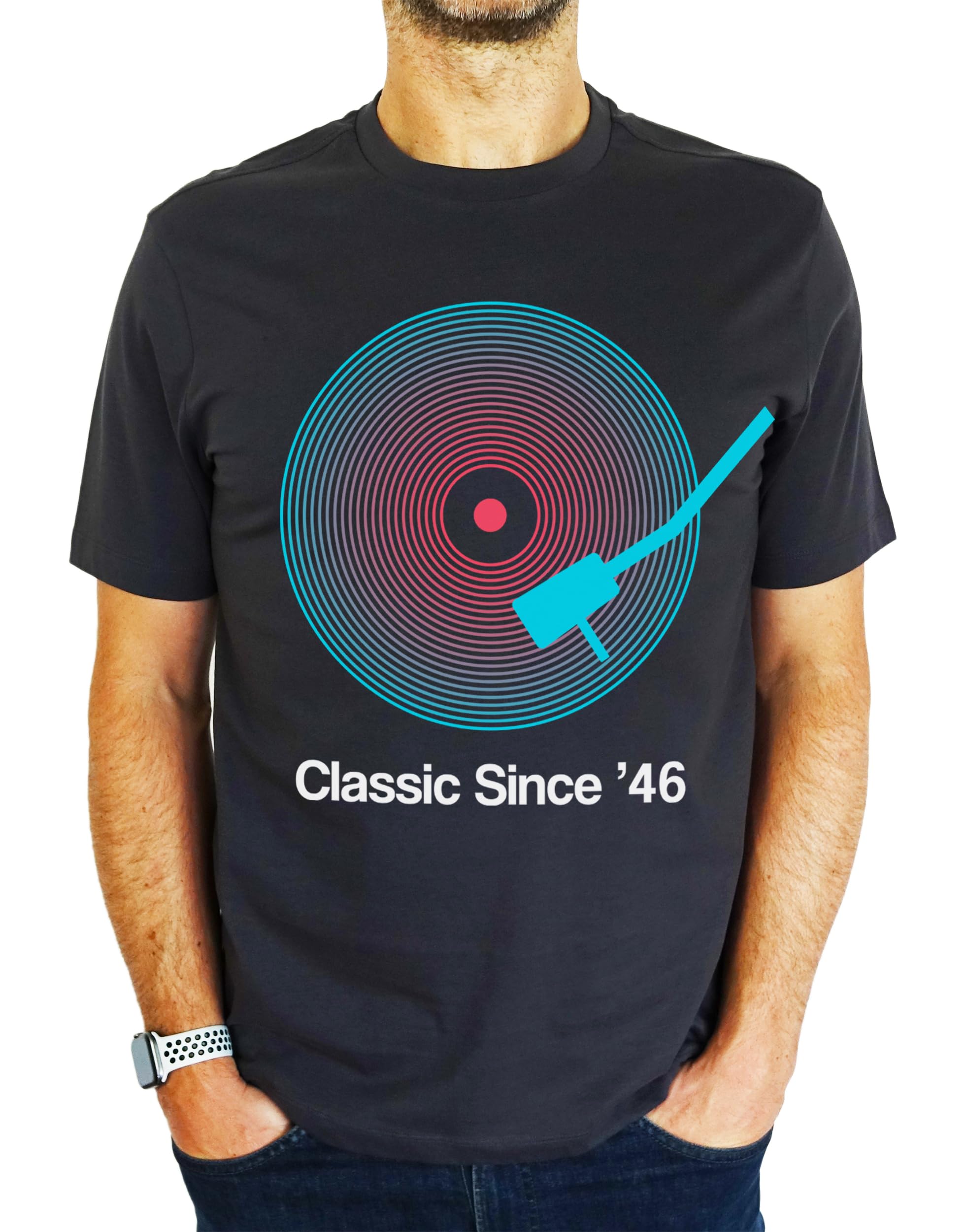 1946 Vinyl Record Neon - Classic Since - 80th Birthday Gift | Present Mens T-Shirt Charcoal Grey 2XL