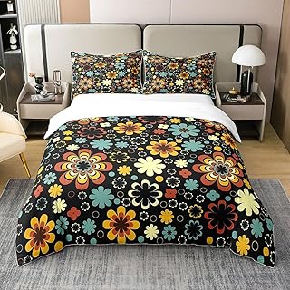 Retro Flower 100% Cotton Duvet Cover Queen,Funky 1960S 1970S Swirls Floral Bedding Set for Kids Girls,Colorful Groovy Flowers Comforter Cover Cute Room Decor,Vintage Black Quilt Cover Breathable